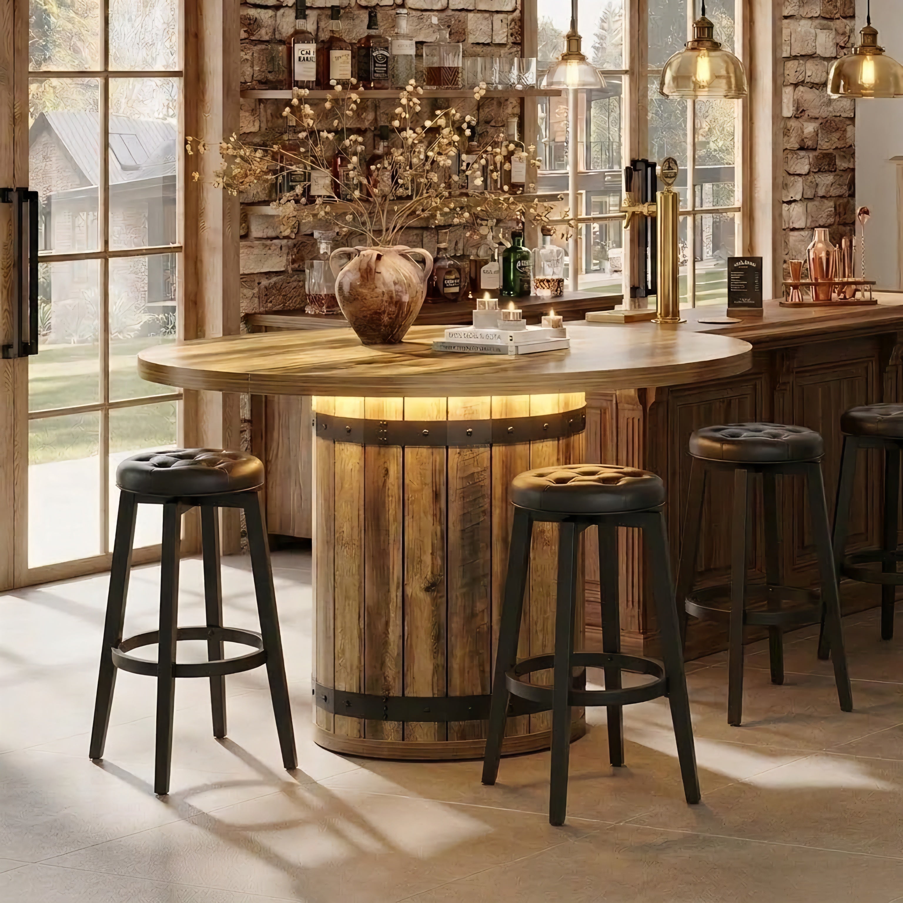 Round barrel table with swivel stools in dark home bar with Edison bulb lights