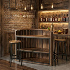 Large rustic half penny LED home bar with black padded stools front view