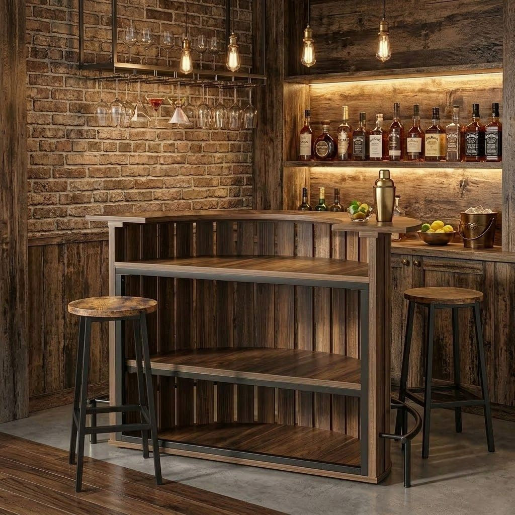 Large rustic half penny LED home bar with black padded stools front view