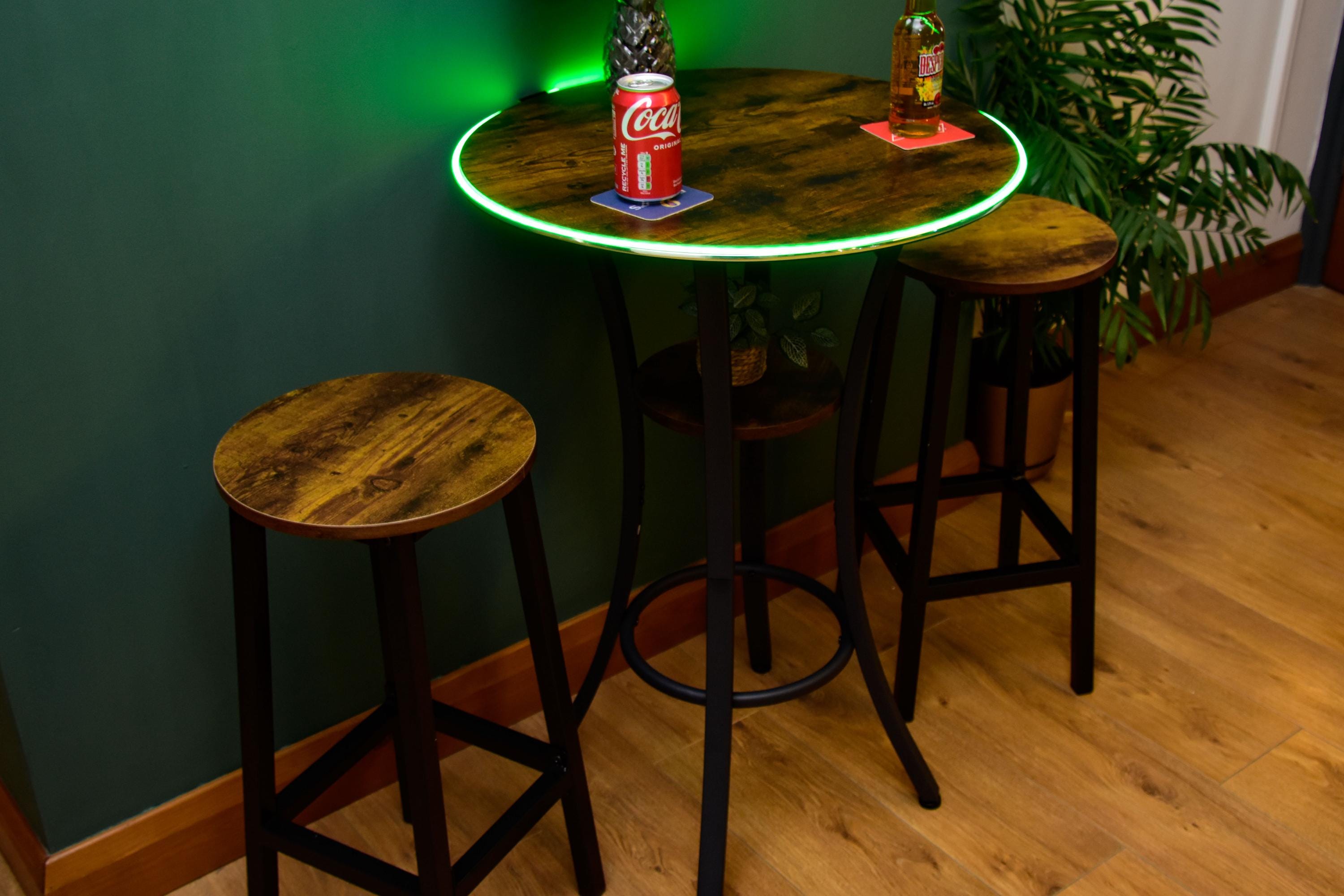Rustic LED Round Industrial Dark Wood Bar Table with Matching Stools - For Bars, Restaurants & Home Dining