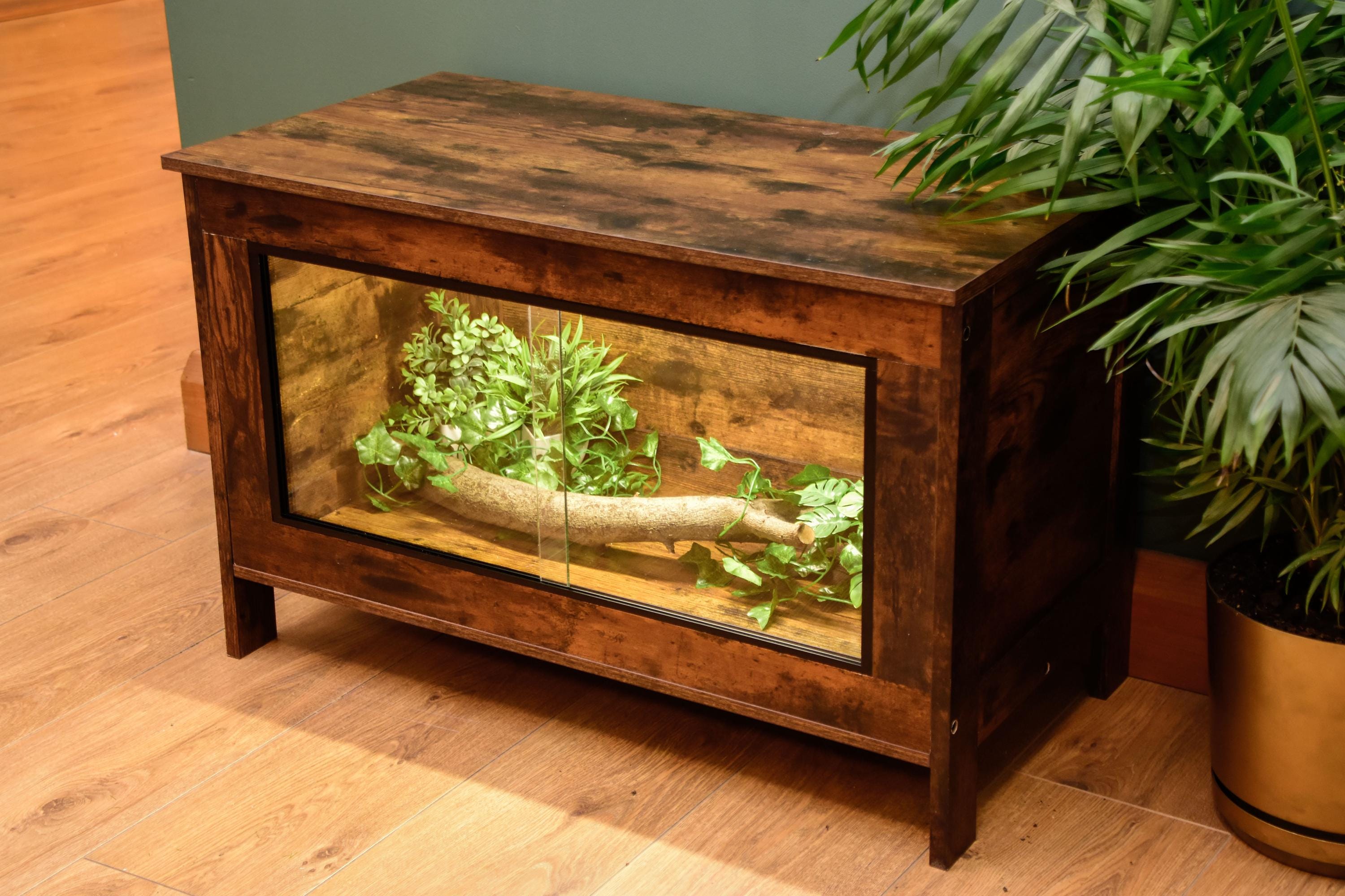 Dark Wood Vivarium / Tortoise House - Hinged Lid + Glass Doors - 76cm x 48cm x 35cm - LED Light Included