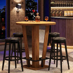 Wooden bar table with stools in a modern bar setting