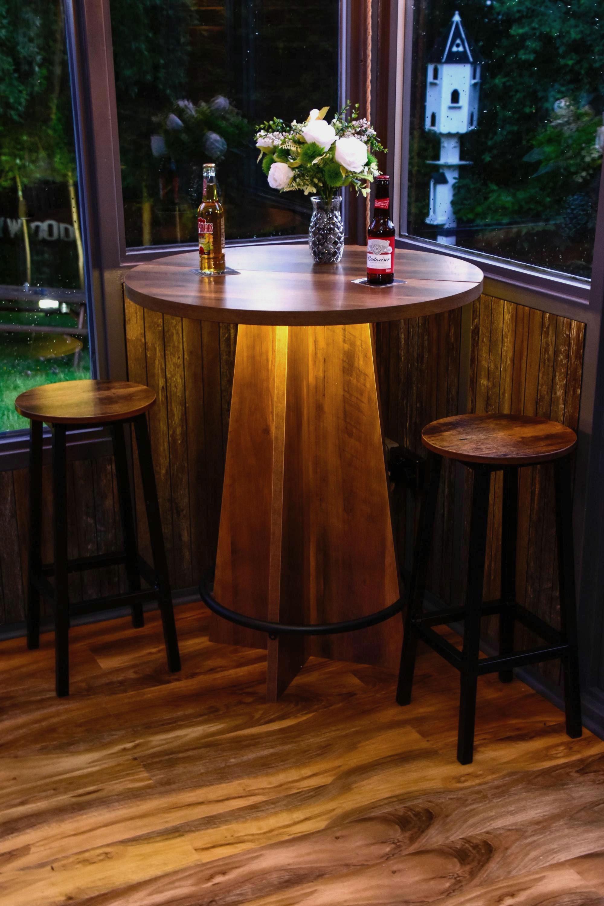 Rustic Wood Effect LED Bistro Bar Table - Metal Ring Footrest - Stools Optional