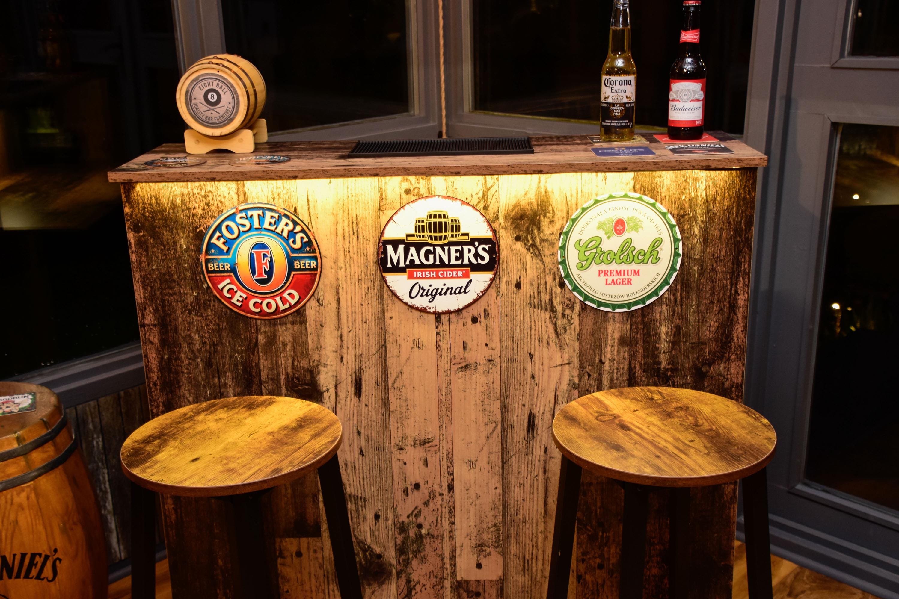 Old Wood Effect LED Home Bar with Matching Stools (1m)