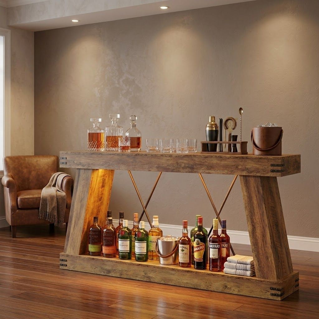 Extra Large Rustic Slim Light Up Home Bar / Console Table — Stools Optional