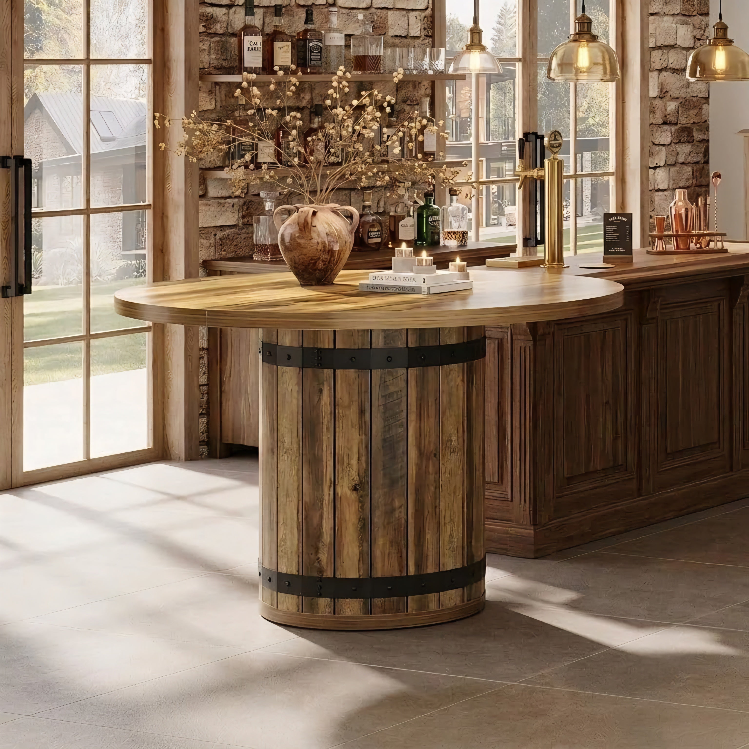Round barrel dining table with four swivel stools in dark home bar