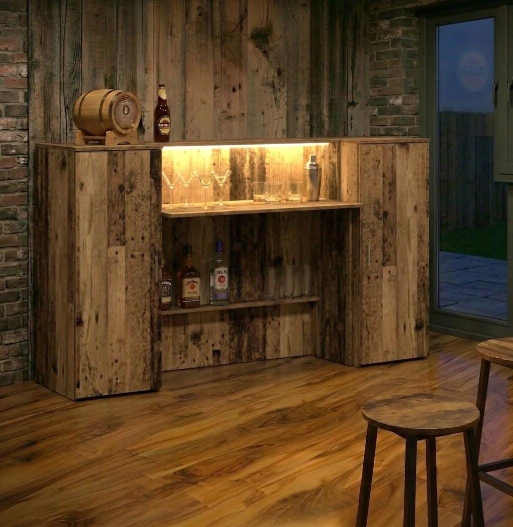 Old Wood Effect LED Home Bar with Stools (6ft)