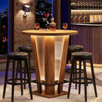 Wooden bar table with stools in a stylish bar setting