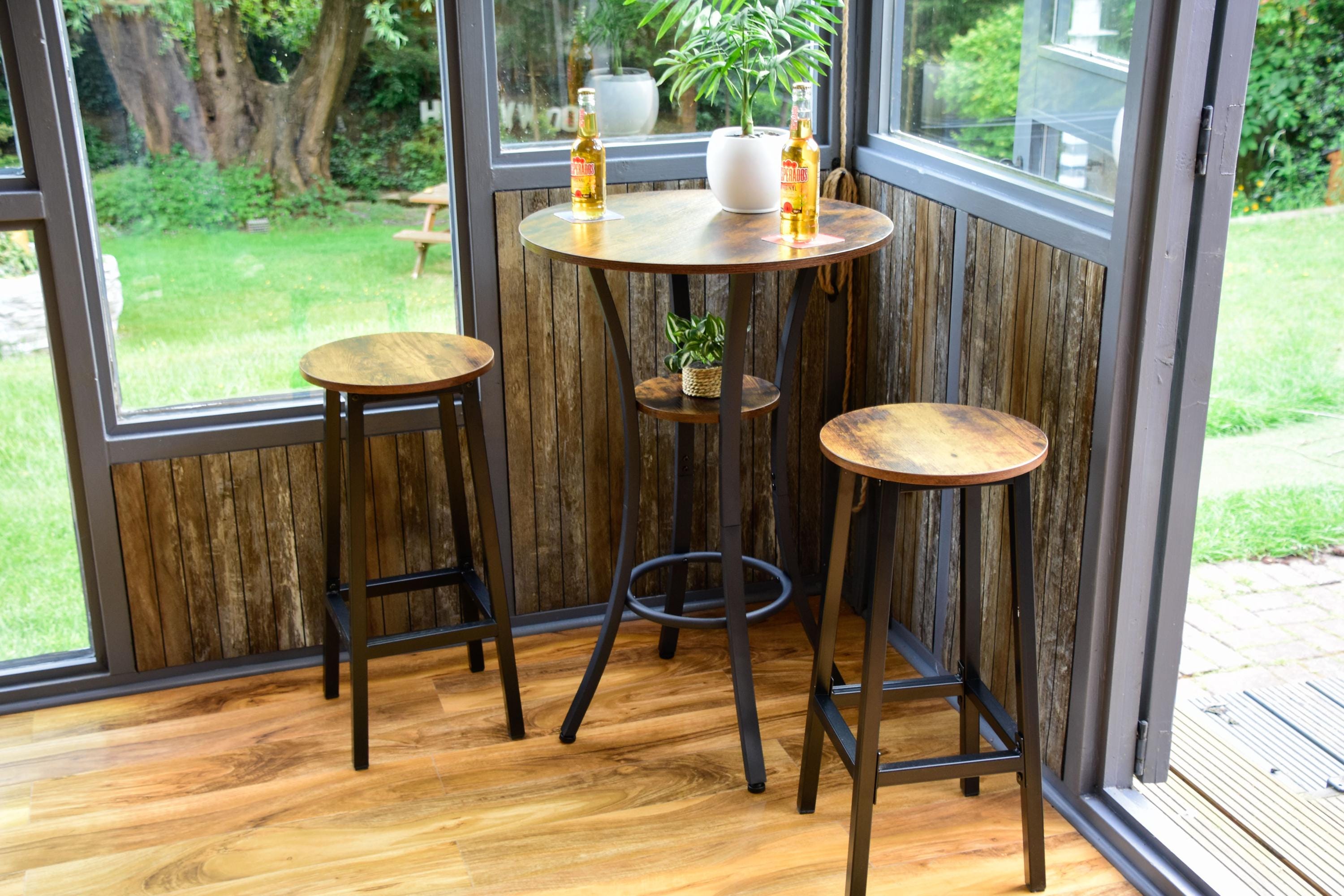 Rustic Round Industrial Dark Wood Bar Table with Matching Stools - For Bars, Restaurants & Home Dining