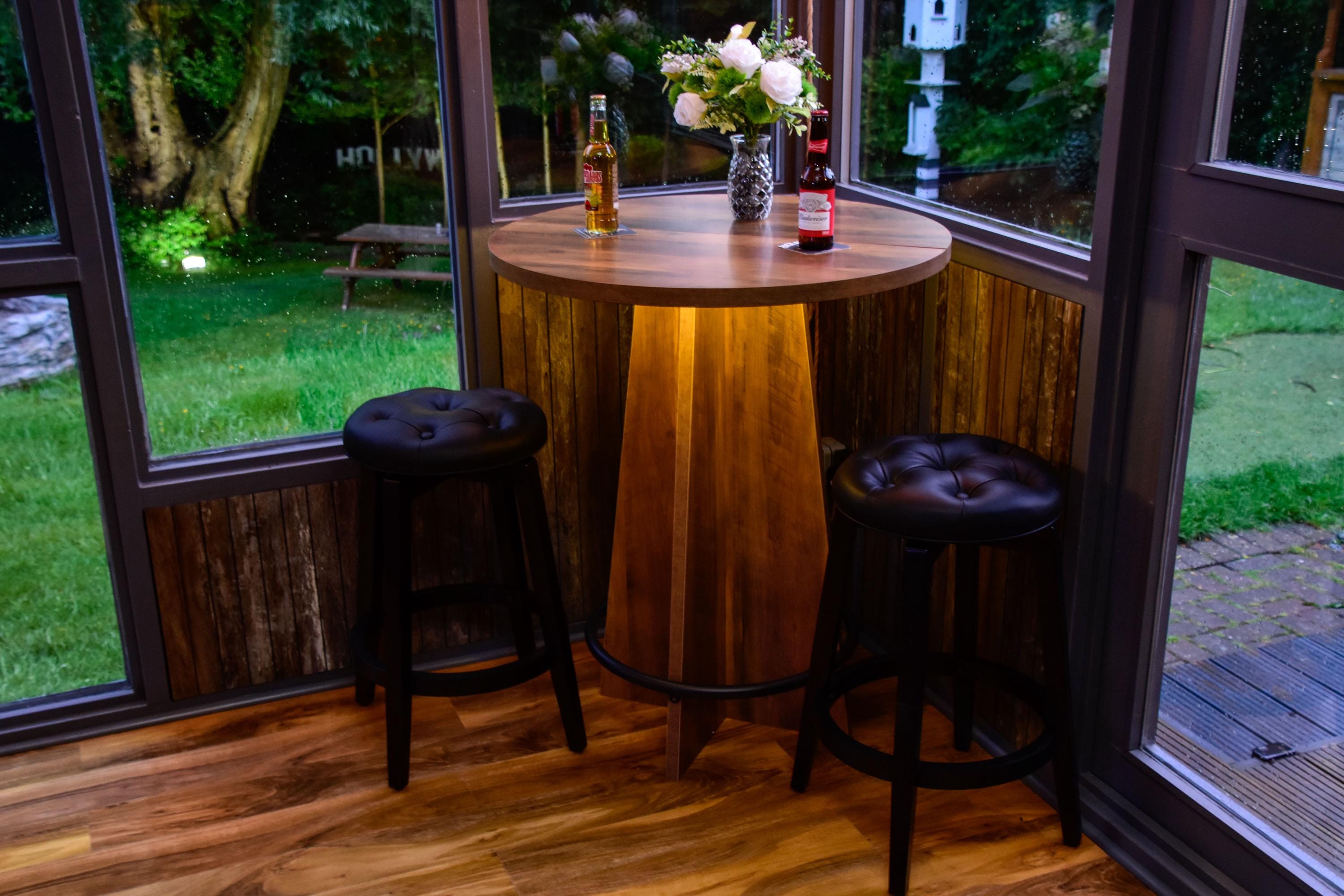 Rustic Wood Effect LED Bistro Bar Table - Metal Ring Footrest - Stools Optional
