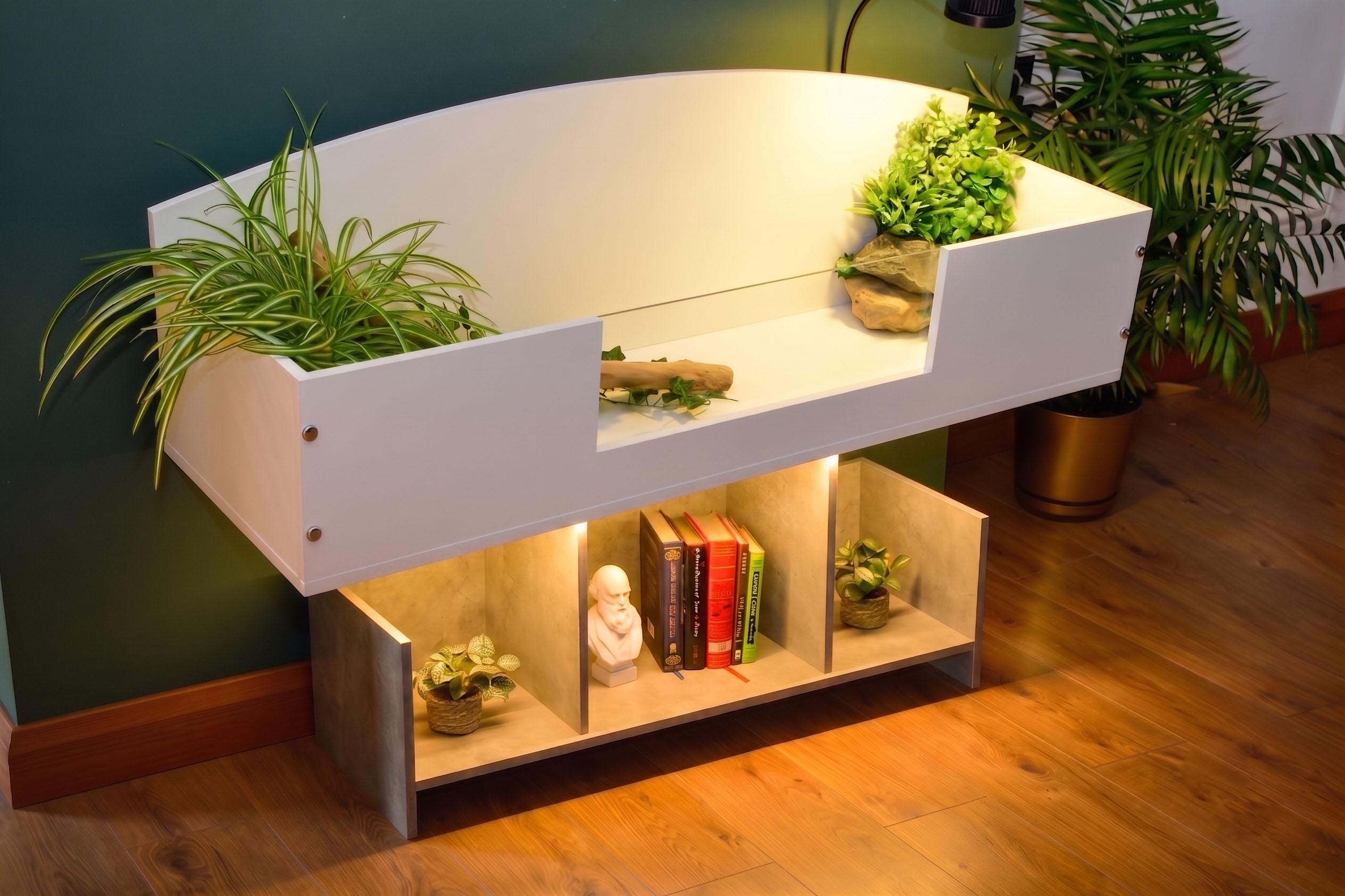 4ft x 16" x 15" Open Top Tortoise Table + Wide LED Grey Stone Stand and Glass Window