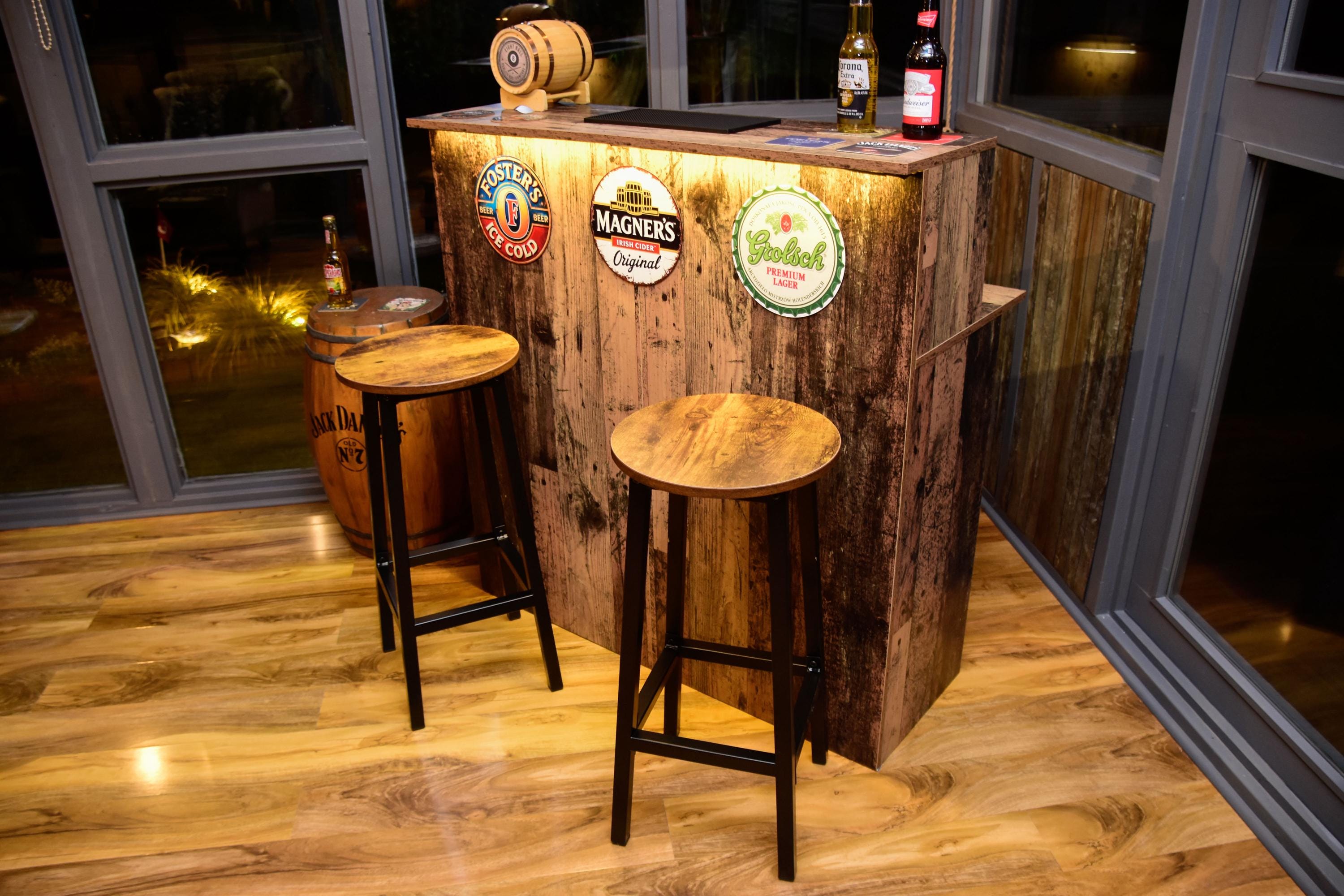 Old Wood Effect LED Home Bar with Matching Stools (1m)
