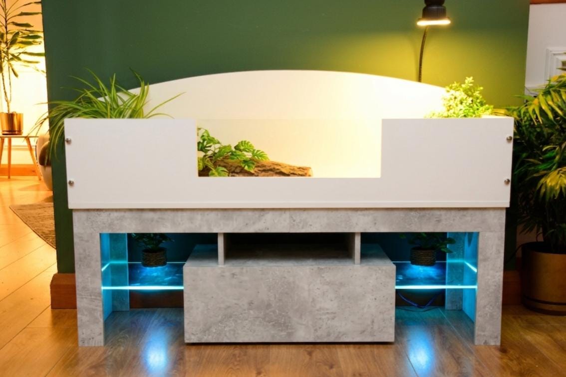 4ft x 16" x 15" Open Top Tortoise Table + Grey Stone Effect LED Stand and Glass Window