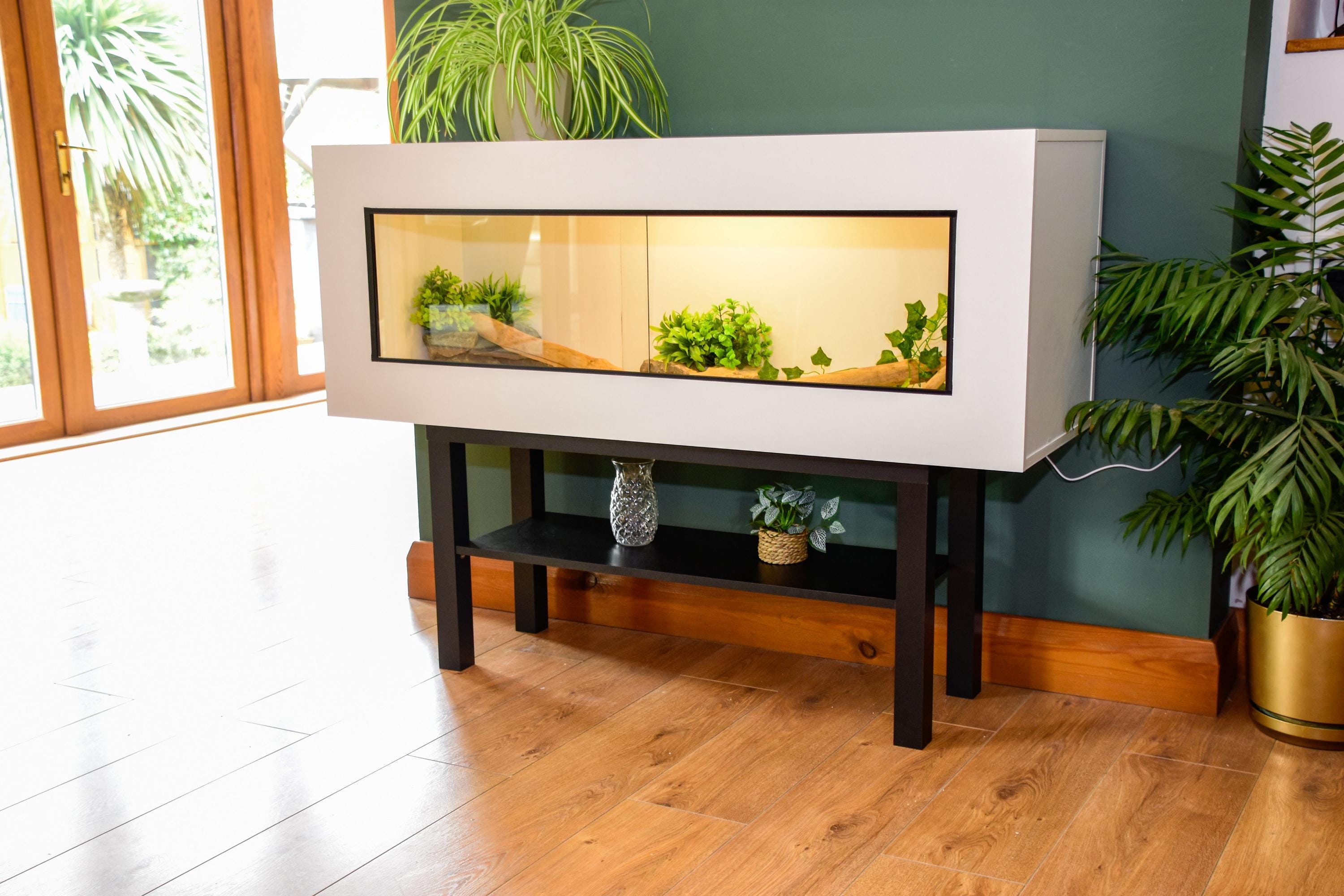 4ft Modern White Reptile Vivarium + Black Stand - LED Light Included