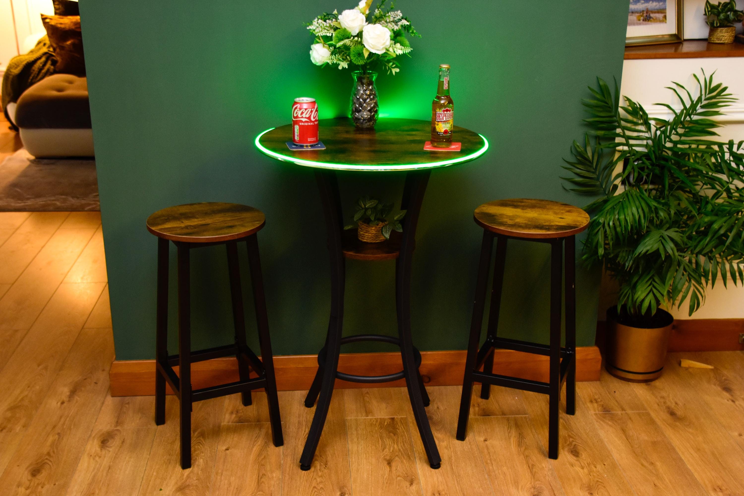 Rustic LED Round Industrial Dark Wood Bar Table with Matching Stools - For Bars, Restaurants & Home Dining