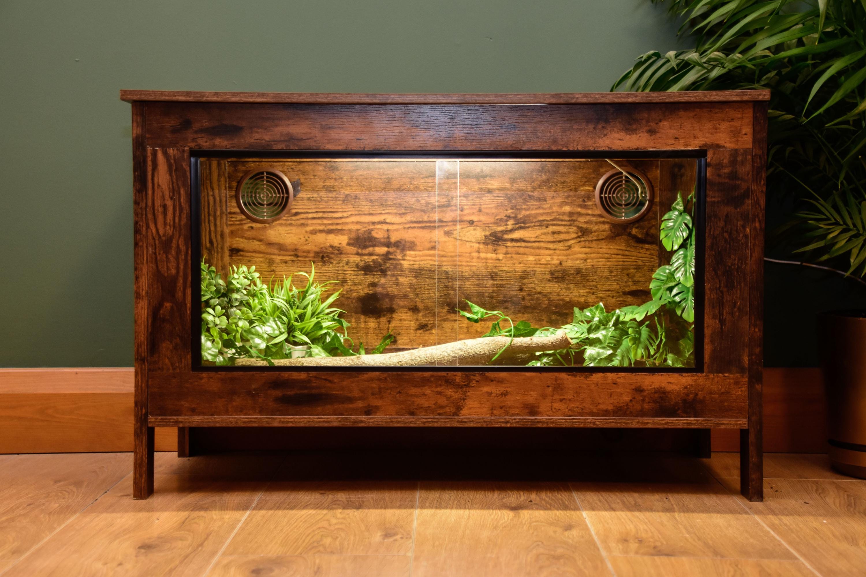 Dark Wood Vivarium / Tortoise House - Hinged Lid + Glass Doors - 76cm x 48cm x 35cm - LED Light Included