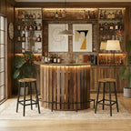 Large rustic half penny LED home bar close up of slatted fascia