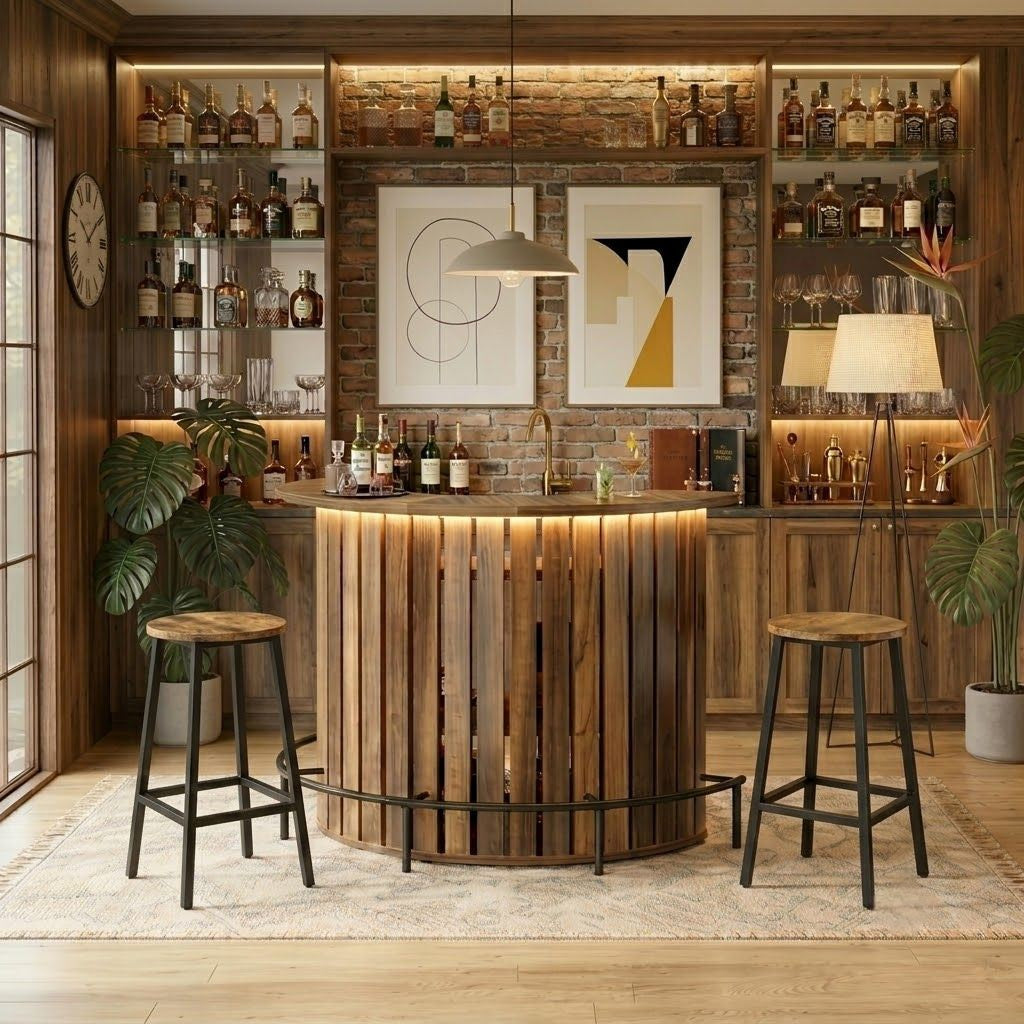 Large rustic half penny LED home bar close up of slatted fascia