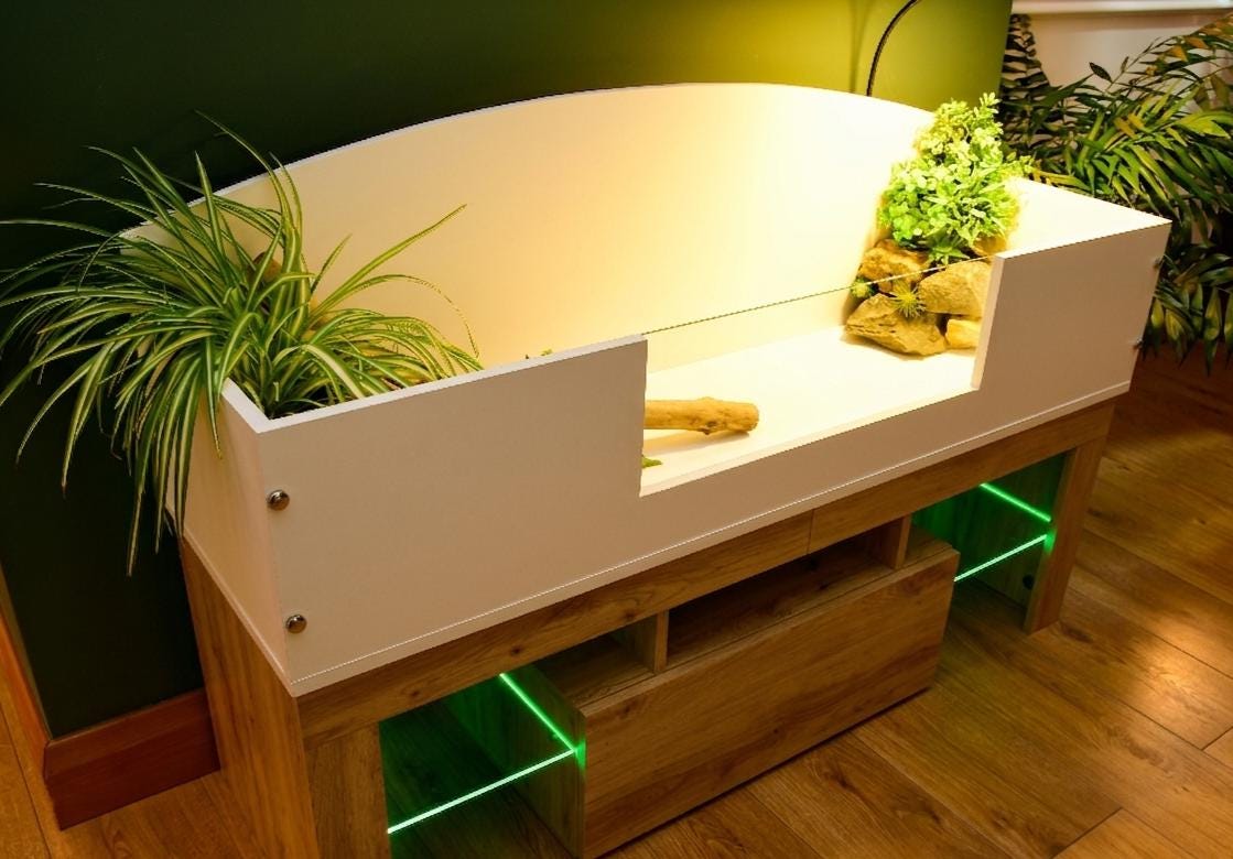4ft x 16" x 15" Open Top Tortoise Table + Artisan Oak Effect LED Stand and Glass Window