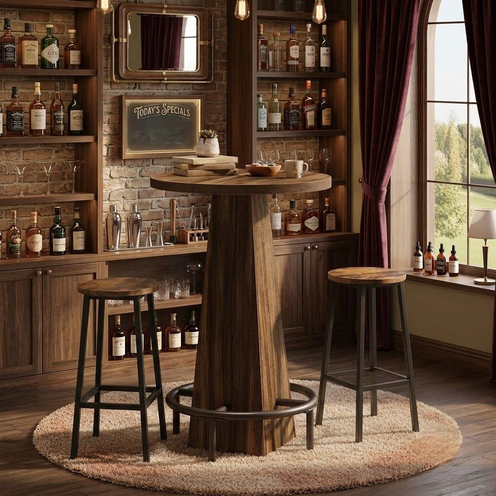 Rustic wood effect LED bistro bar table with four stools