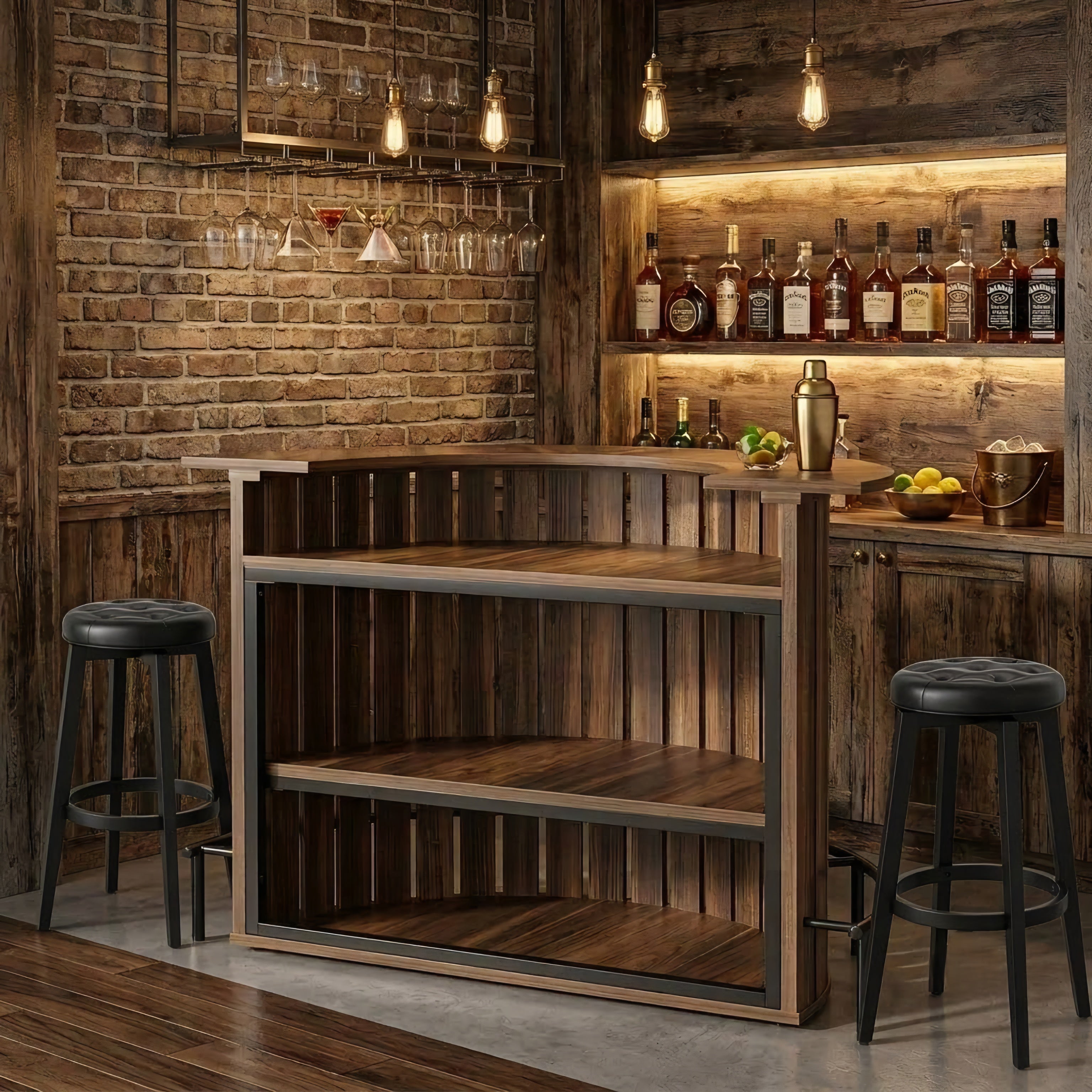 Large Rustic Half Penny Light Up Home Bar — Stools Optional