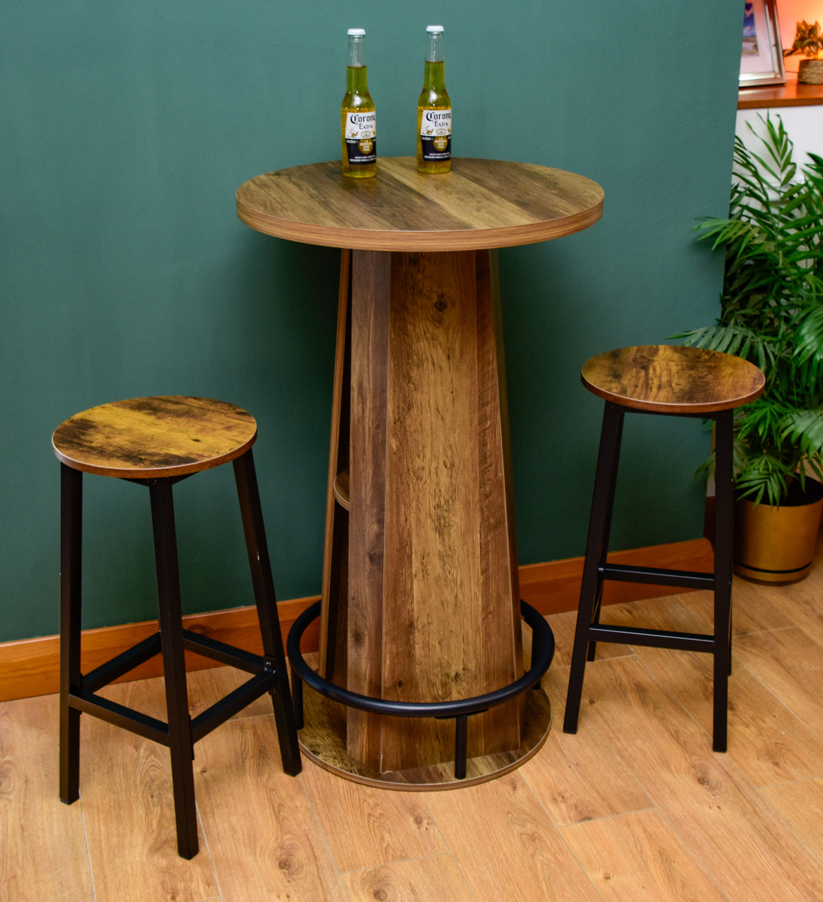 Rustic LED Bistro Bar Table with Shelves, Metal Footrest & Stools