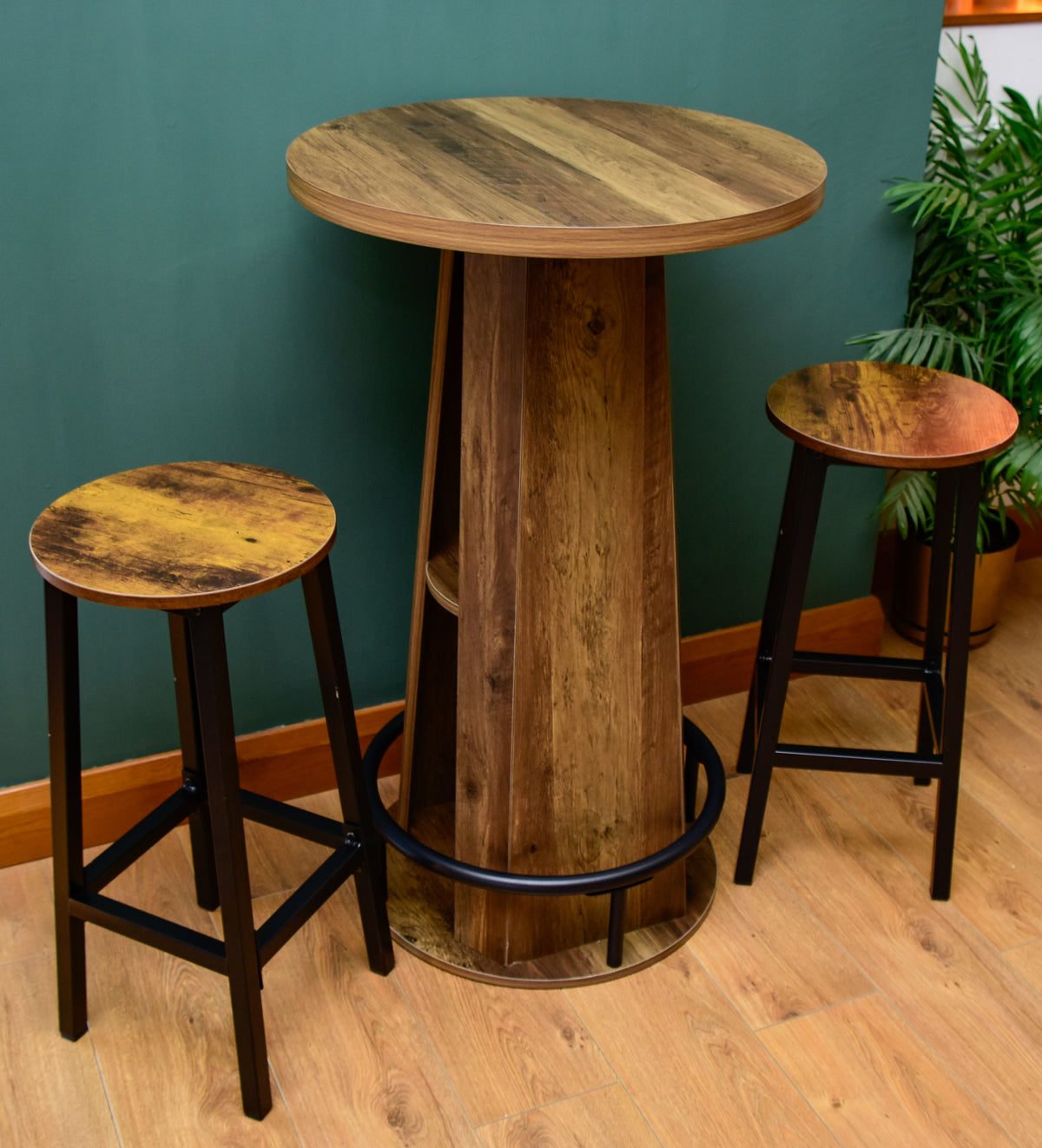 Rustic LED Bistro Bar Table with Shelves, Metal Footrest & Stools