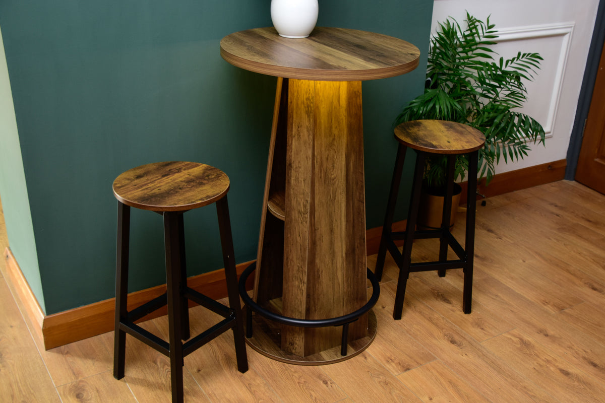 Rustic LED Bistro Bar Table with Shelves, Metal Footrest & Stools