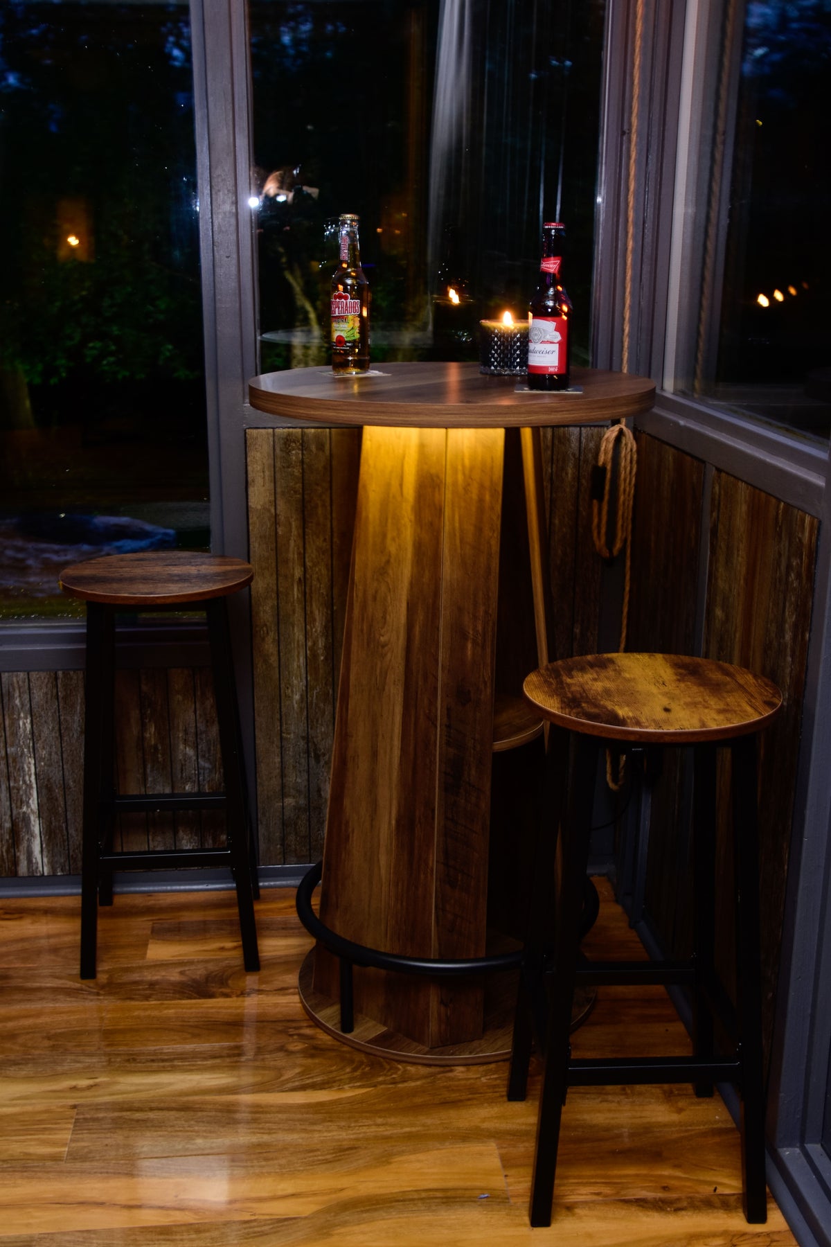 Rustic LED Bistro Bar Table with Shelves, Metal Footrest & Stools