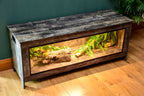 Distressed wood vivarium with open lid showing interior