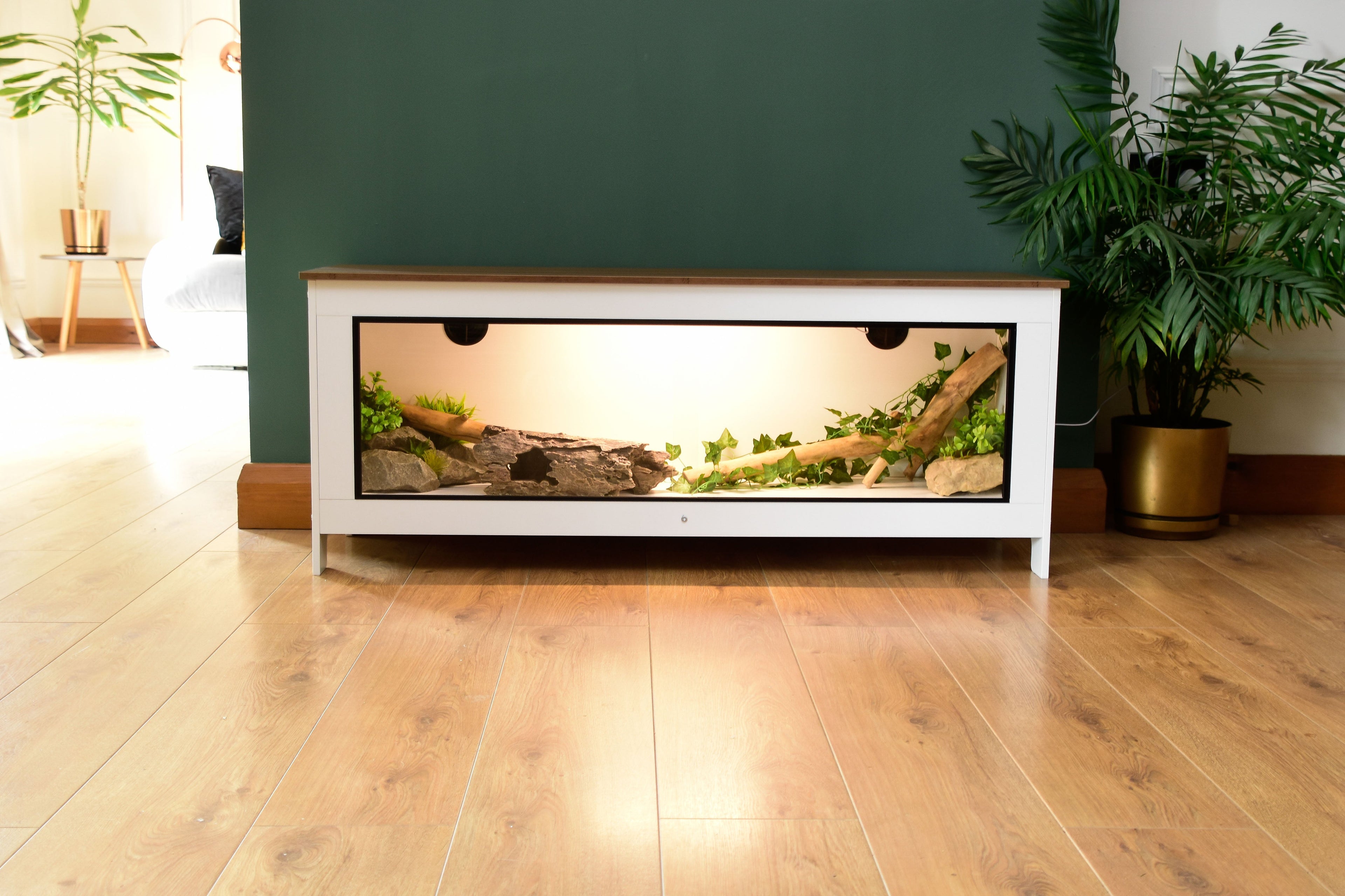 White 4ft vivarium tortoise enclosure with lid open showing LED lighting