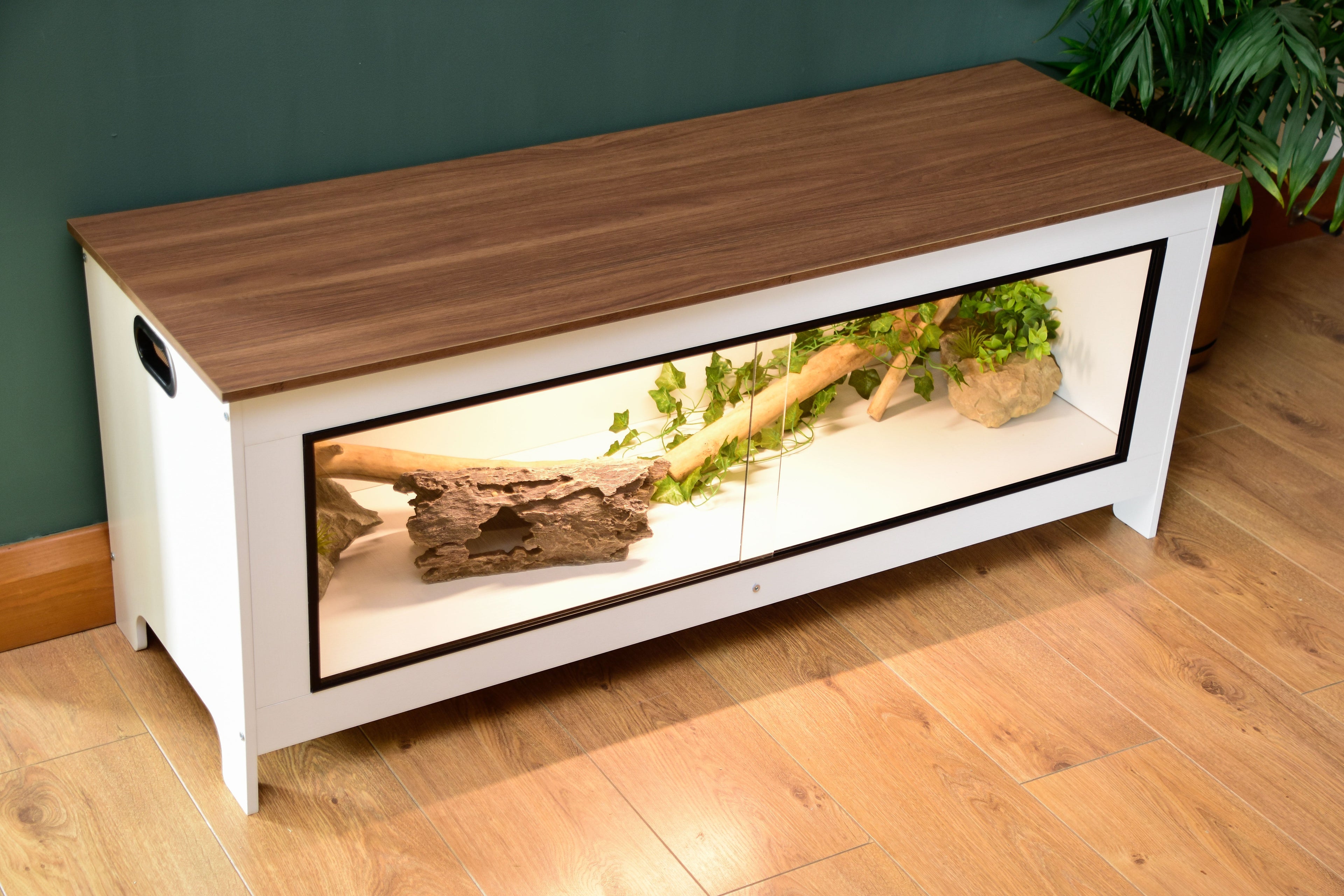 White 4ft vivarium tortoise enclosure - front view with natural light