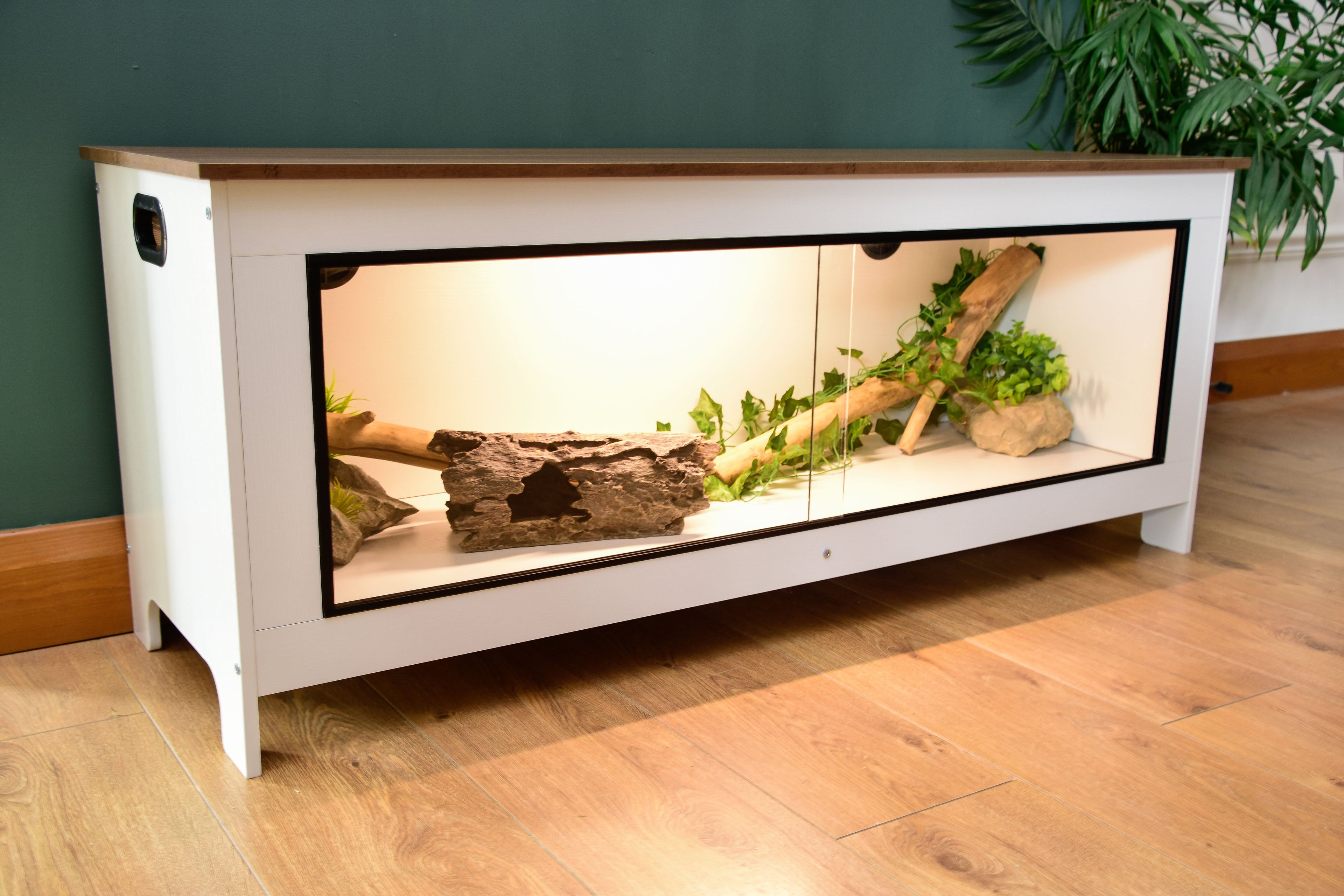 White 4ft vivarium tortoise enclosure - angled front view