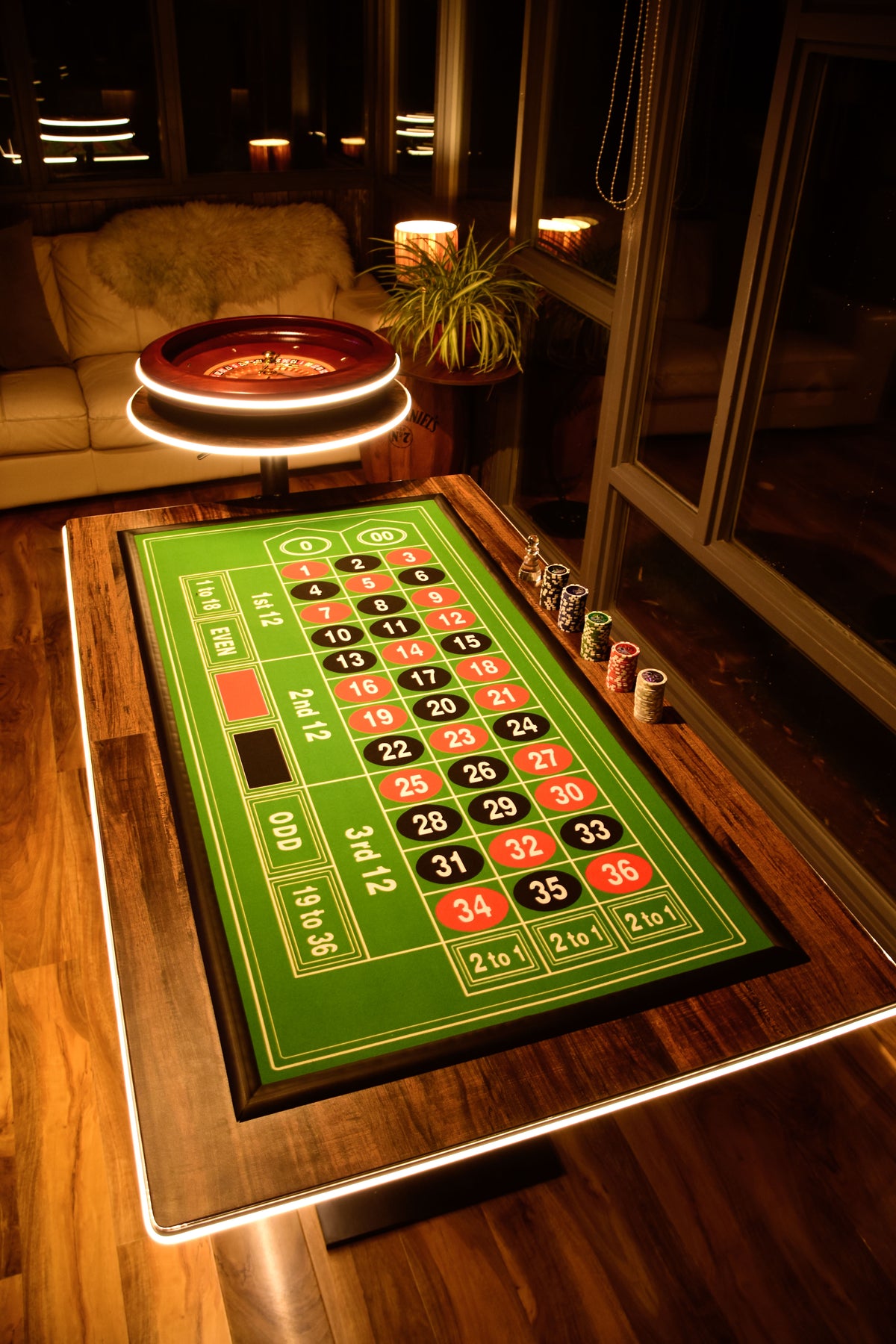 LED Roulette Casino Table with Choice of Roulette Wheel & Optional Stools