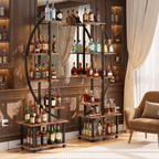 Crescent moon curved shelving unit set of 2 in dark wood room with spirits display
