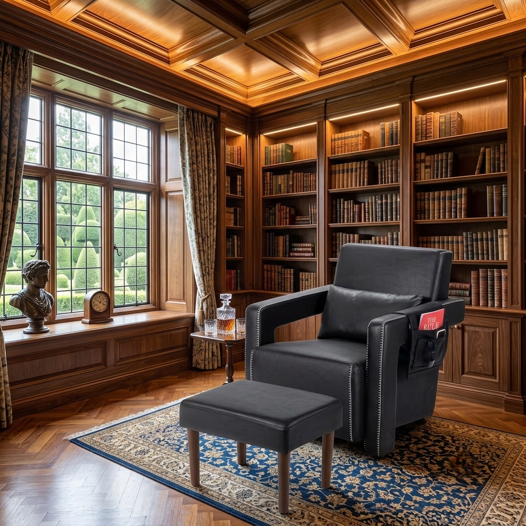 Black bonded leather accent chair with footstool in wood-panelled library
