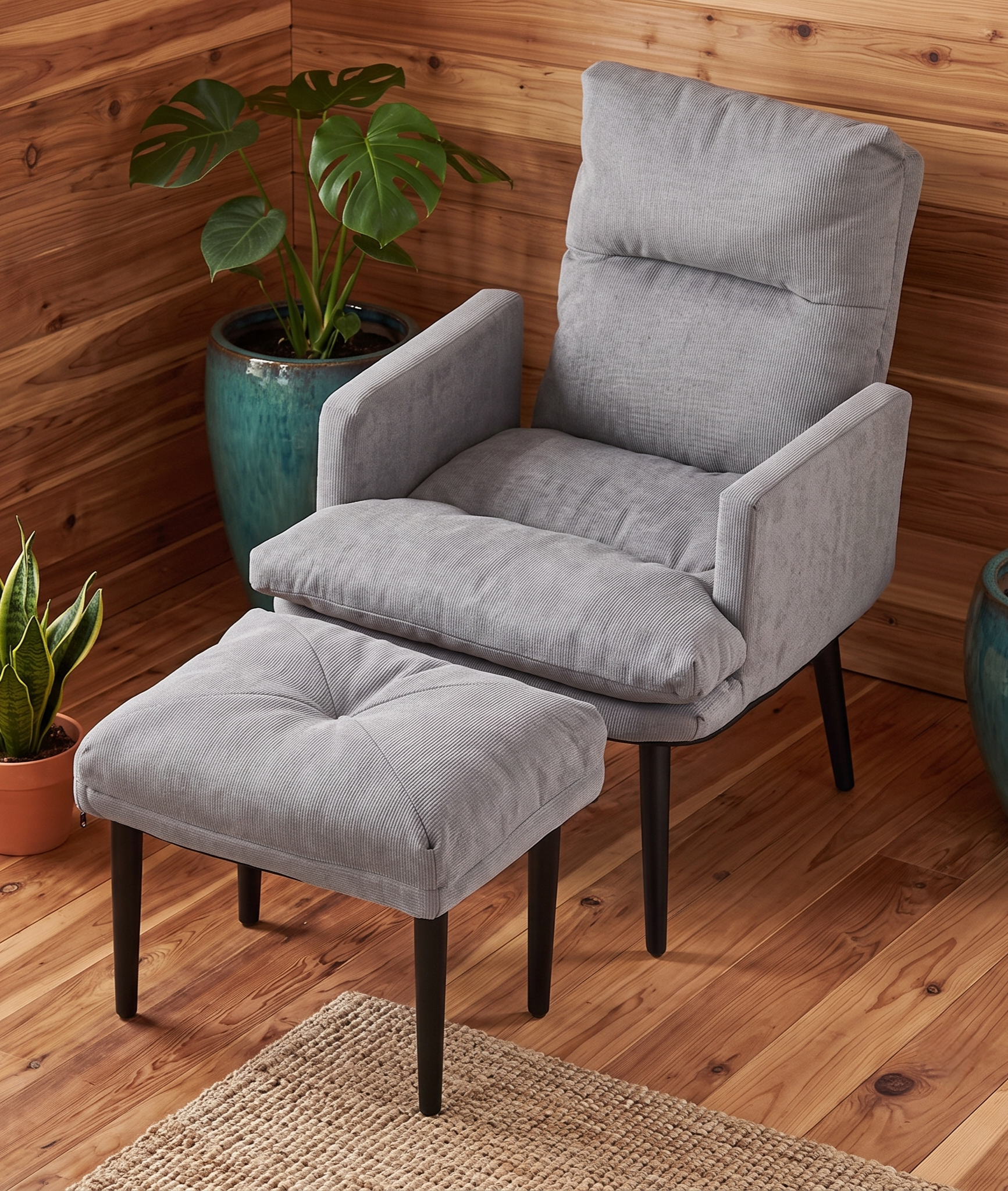 Grey linen recliner armchair with matching footstool against wood panel wall