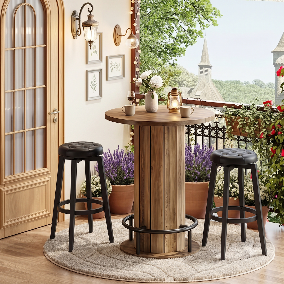 Medium oak rustic LED bar table with stools in a home bar setting