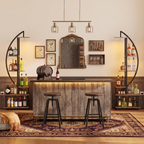 Set of 2 crescent moon shelving units flanking a home bar