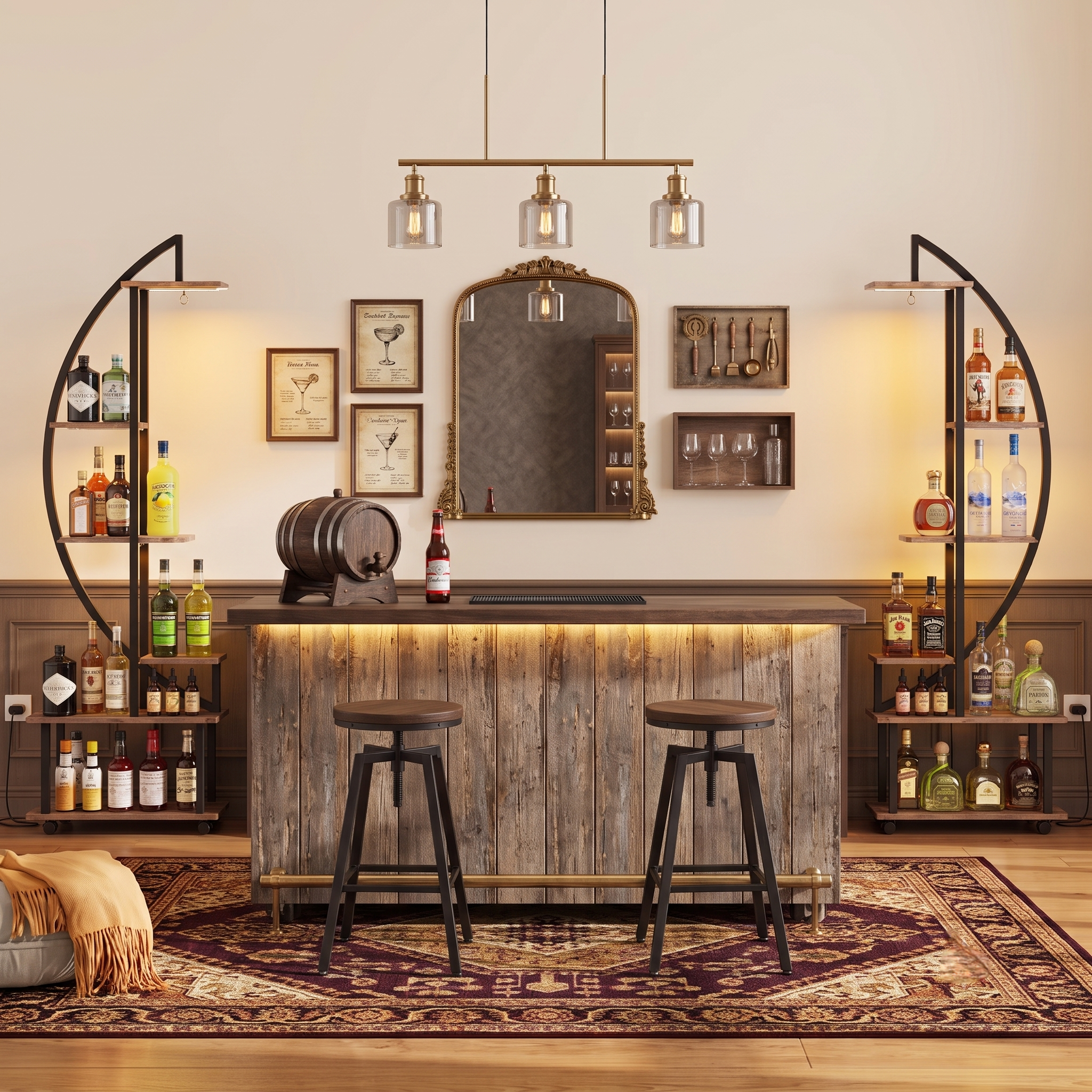 Set of 2 crescent moon shelving units flanking a home bar