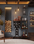 Freestanding wine rack and bar shelving unit in dark room setting