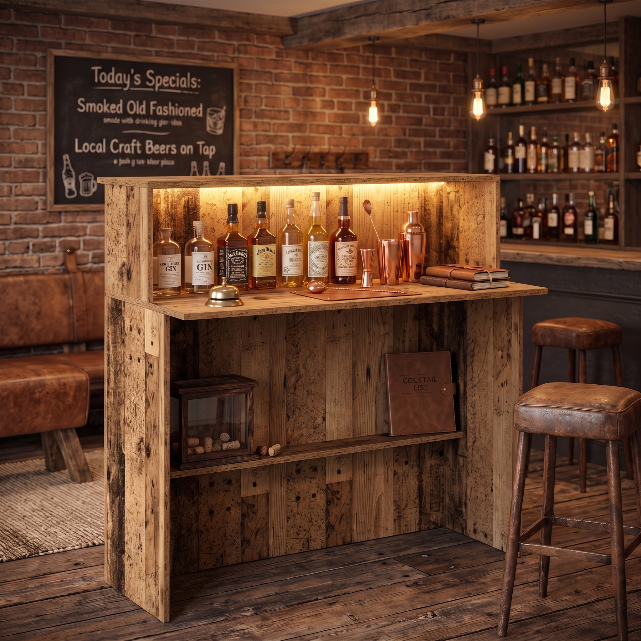 Old Wood Effect LED Home Bar with Matching Stools (1m)