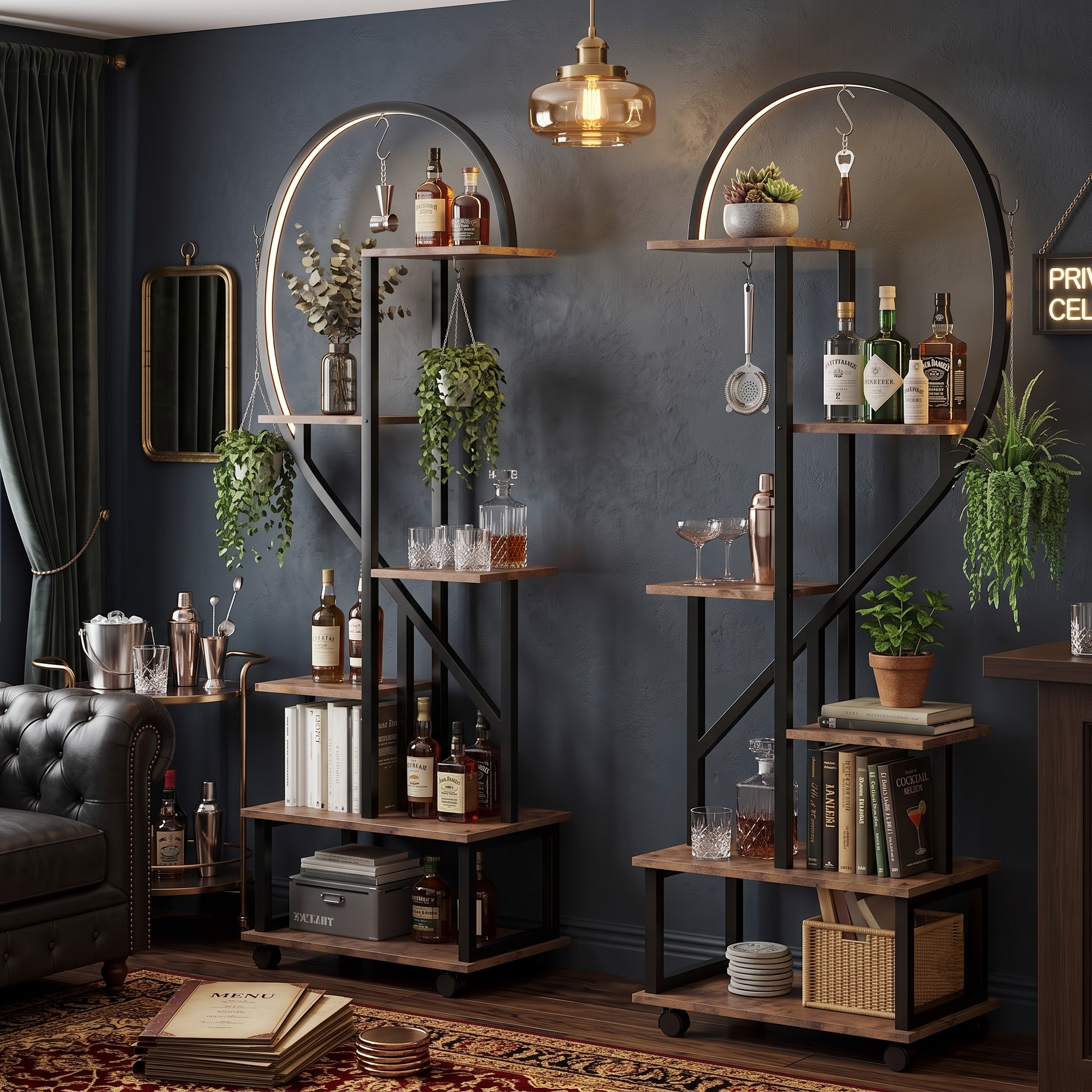 Heart shaped bar shelving unit set of 2 against dark wall with spirits display