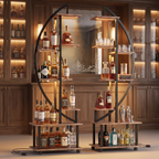 Crescent moon shelving unit with mirror backing and spirits display