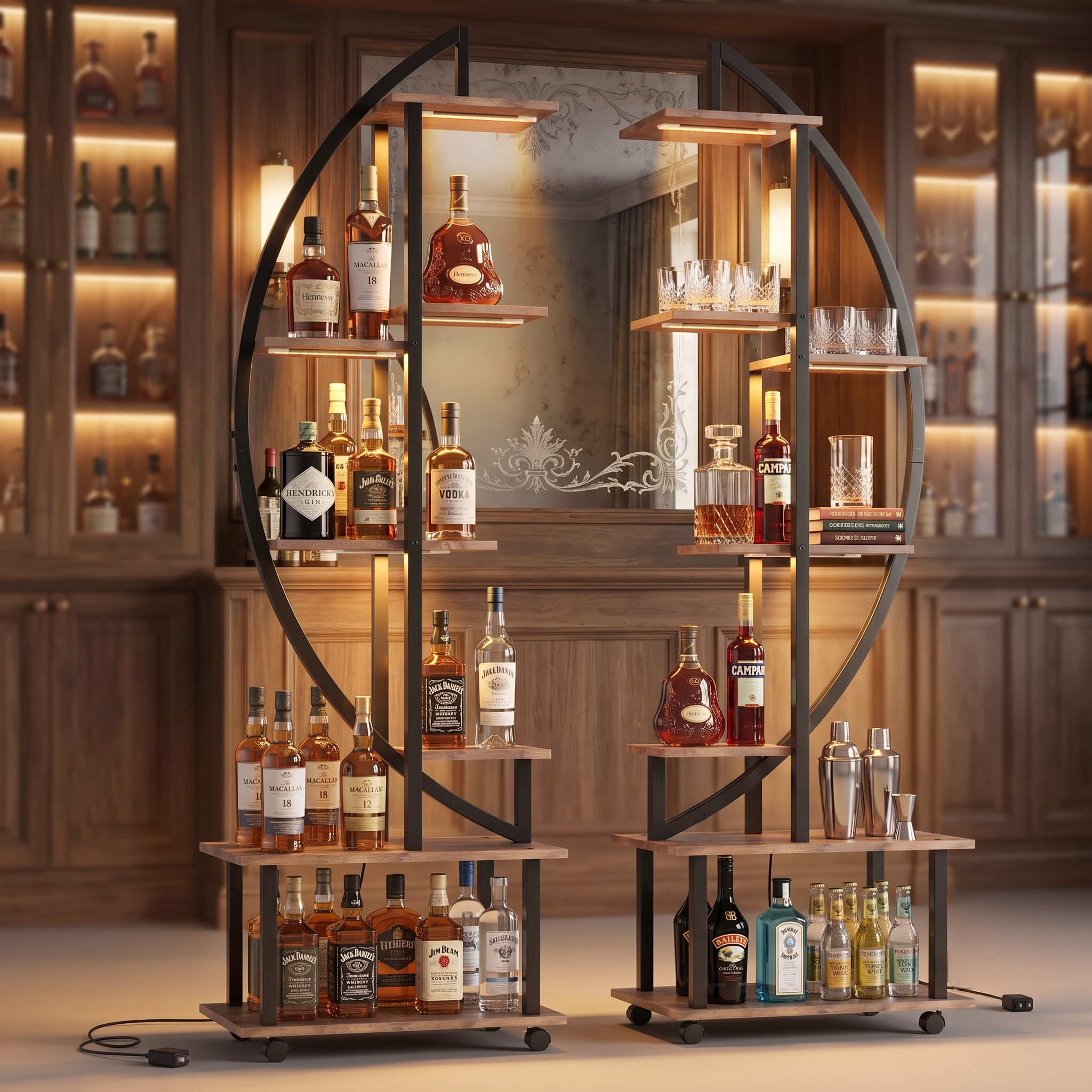 Crescent moon shelving unit with mirror backing and spirits display