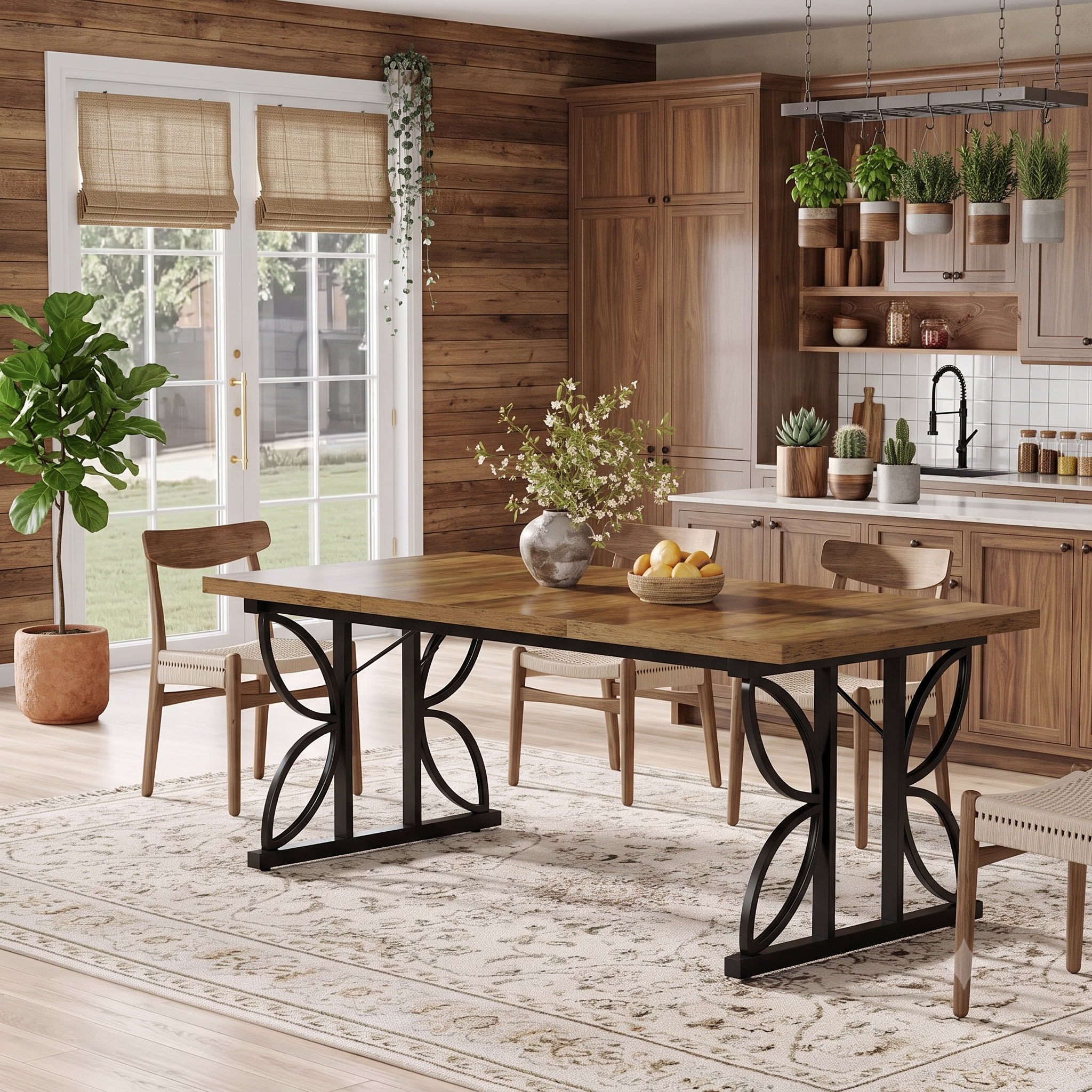 Rustic Industrial Farmhouse Dining Table styled with plants and botanicals