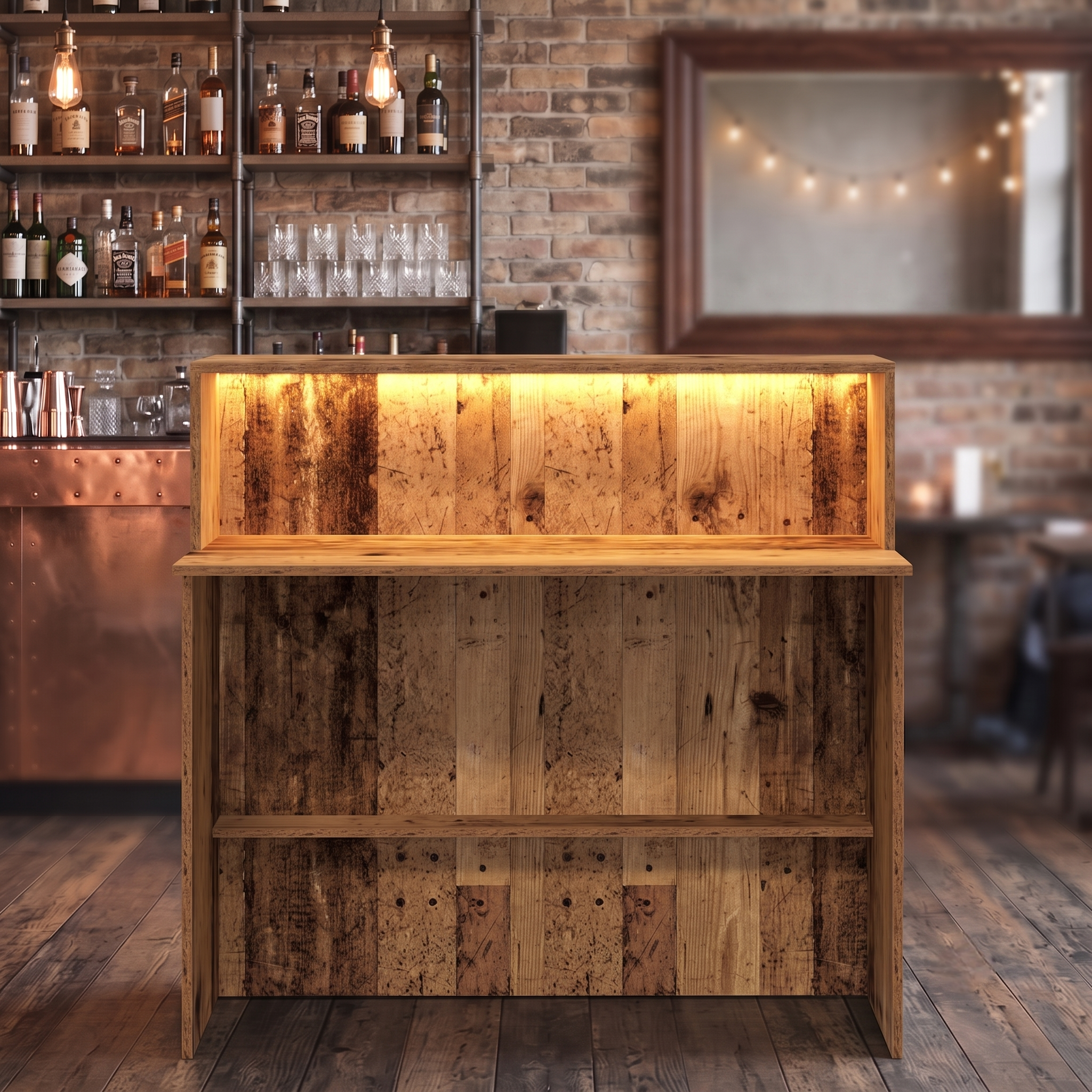 Old Wood Effect LED Home Bar with Matching Stools (1m)