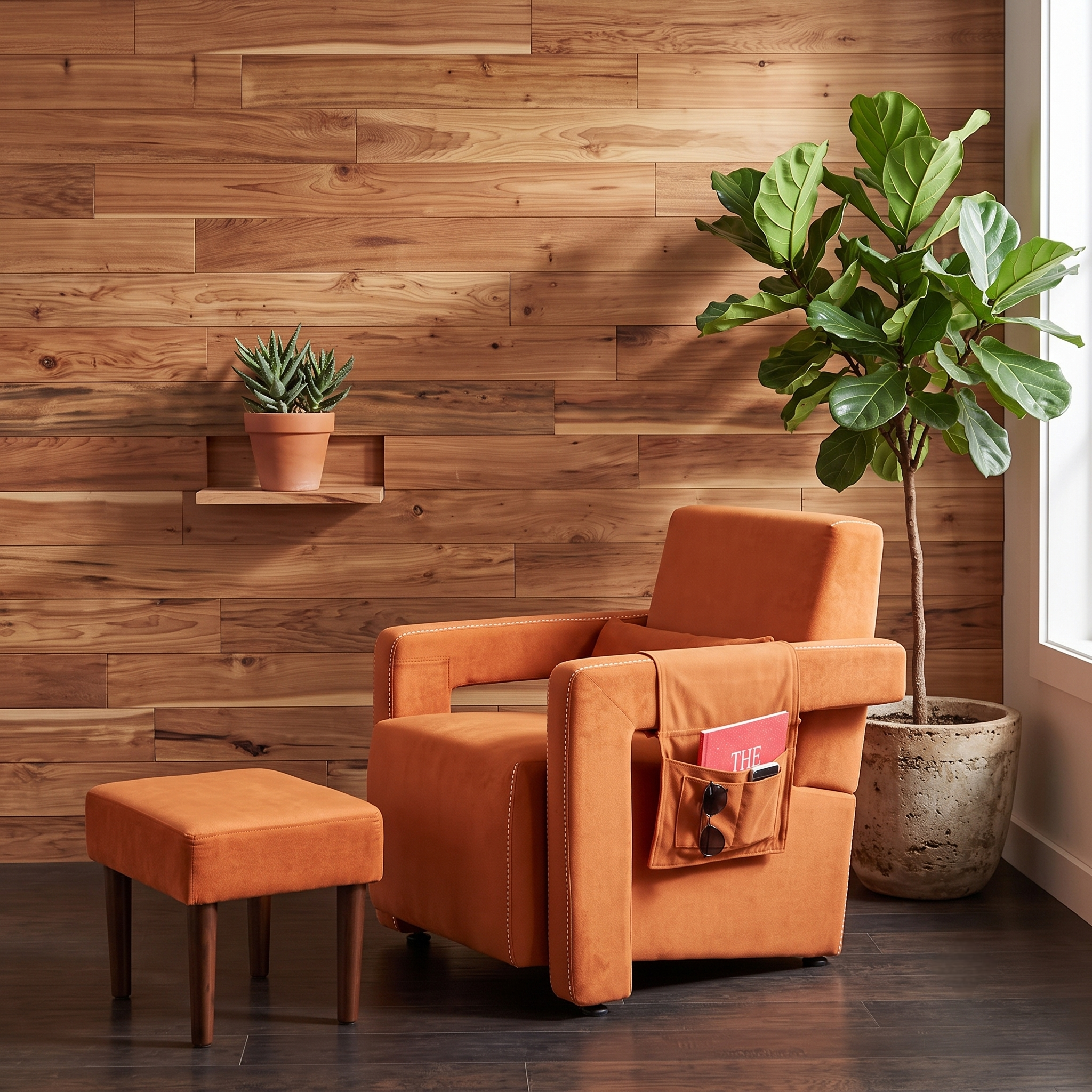 Orange faux suede accent chair with footstool against wood panel wall with plants