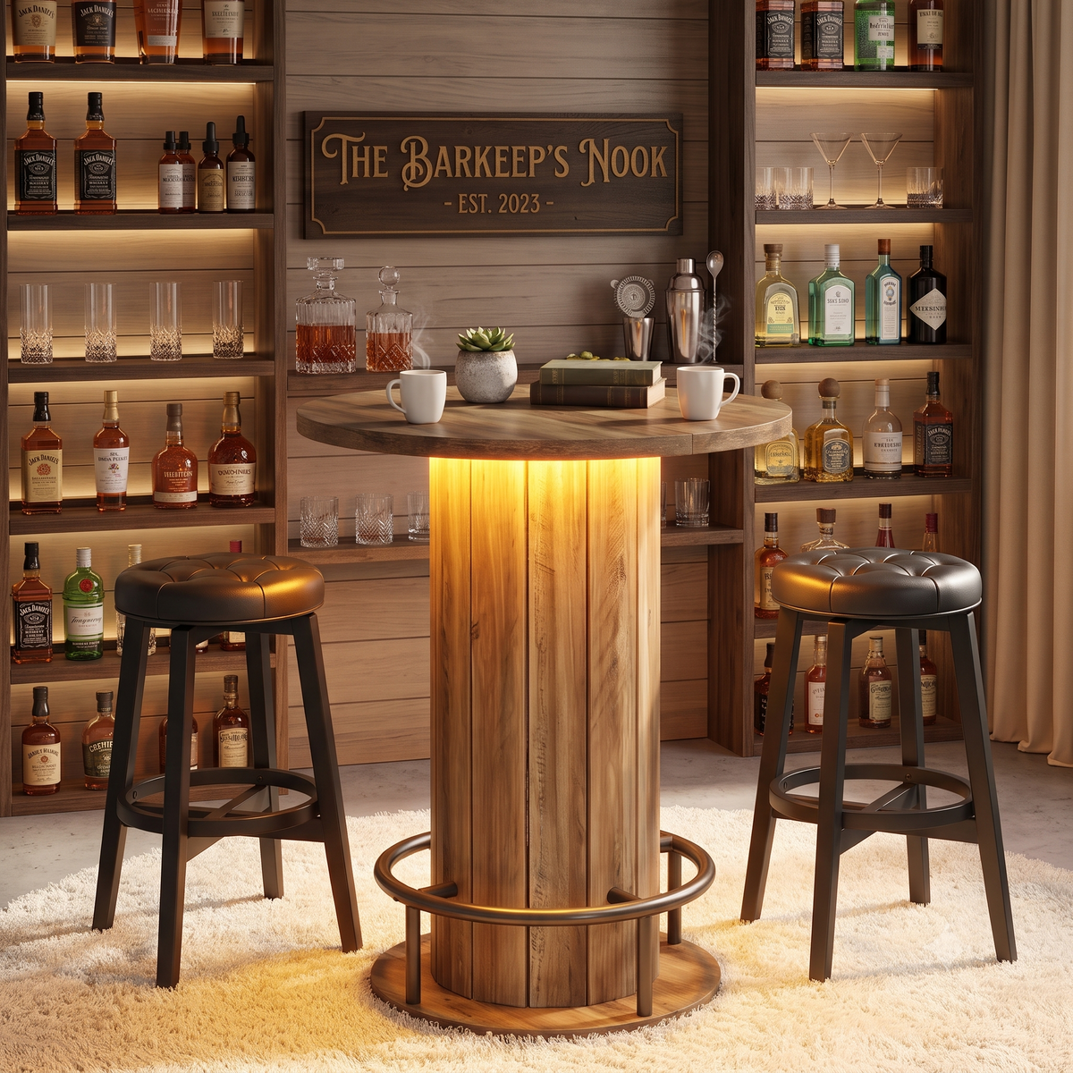 Rustic bar table with stools against a backlit shelving backdrop