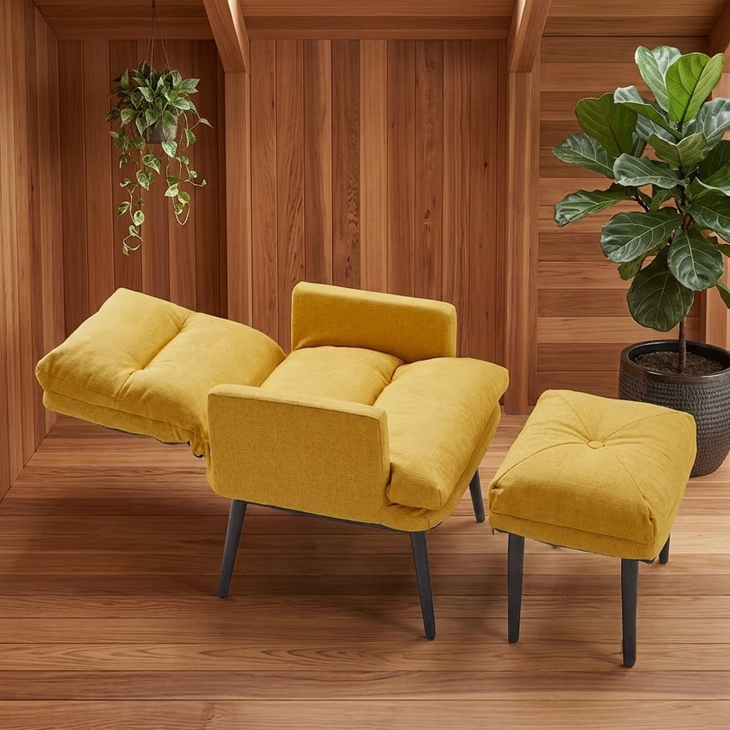 Yellow linen recliner armchair shown fully reclined with matching footstool